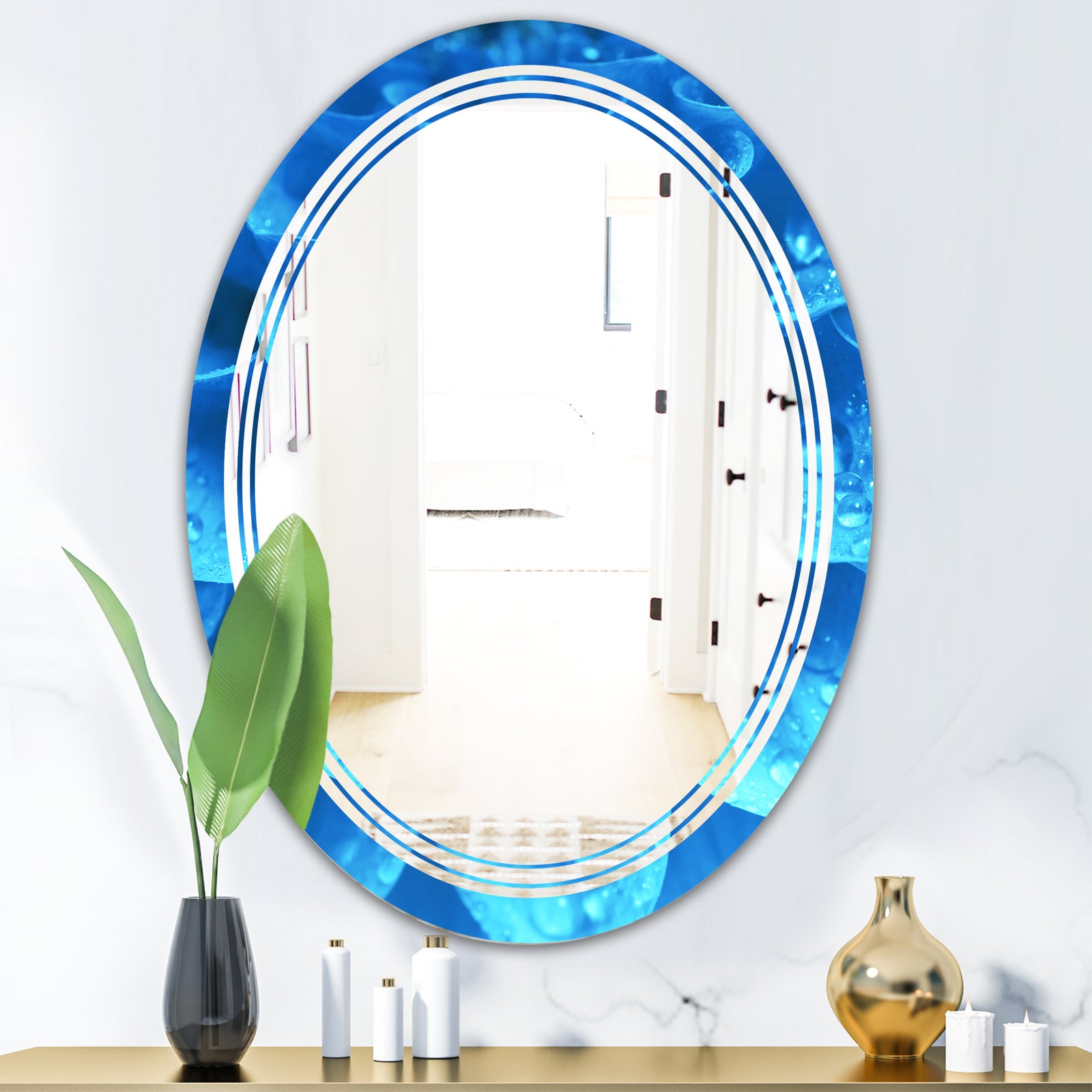 Large Light Blue Flower and Petals - Modern Round or Oval Wall Mirror - Triple C