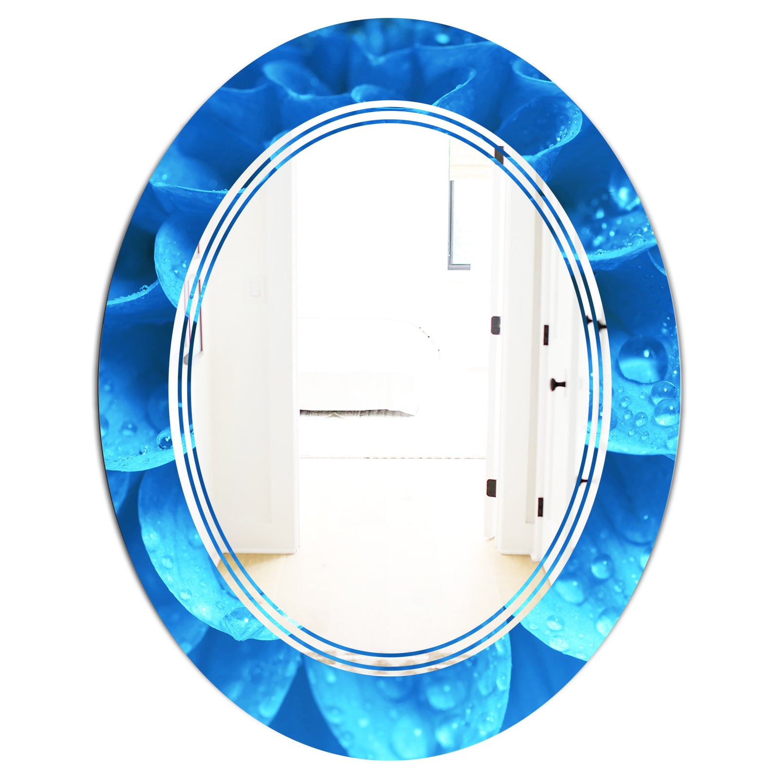 Large Light Blue Flower and Petals - Modern Round or Oval Wall Mirror - Triple C