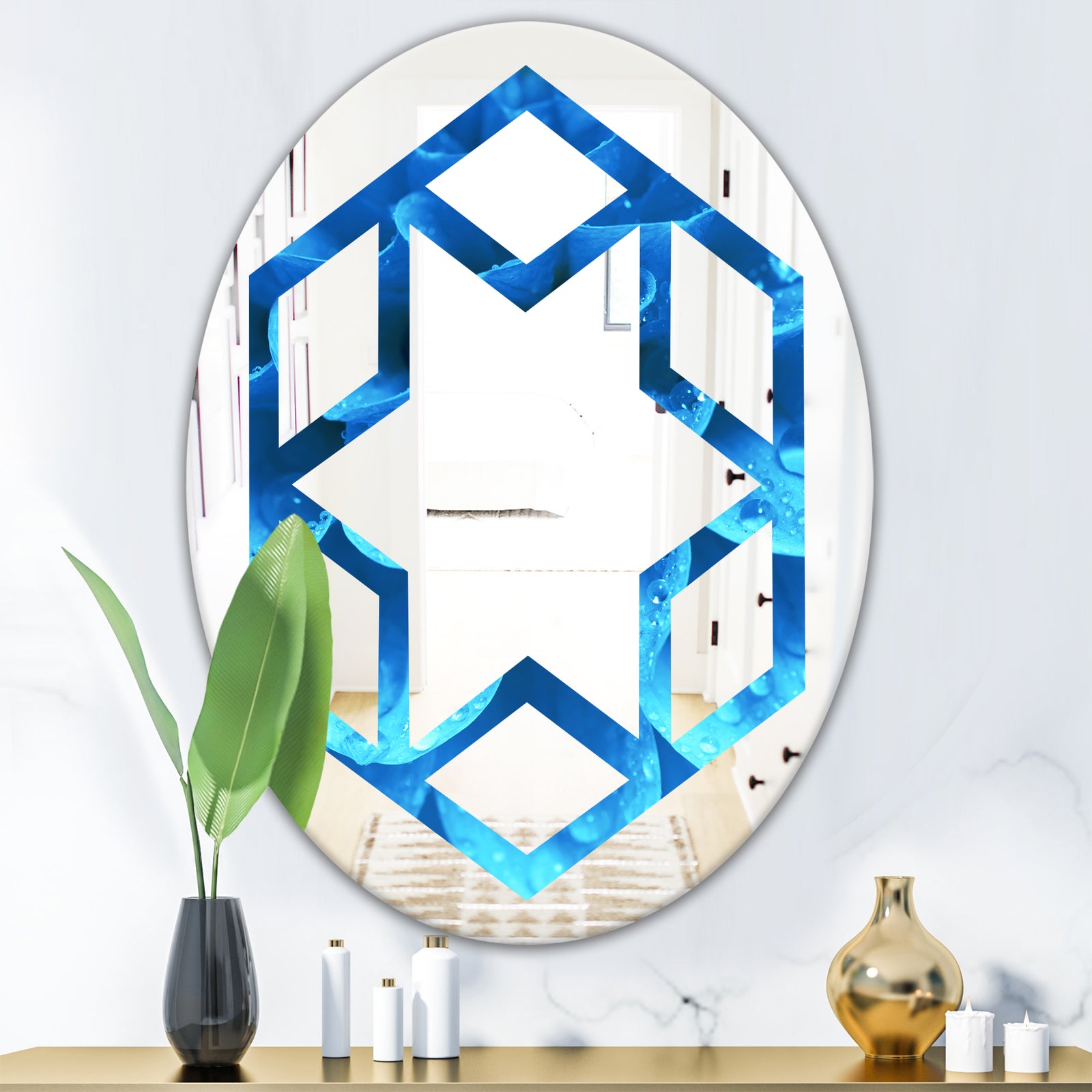 Large Light Blue Flower and Petals - Modern Round or Oval Wall Mirror - Hexagon Star