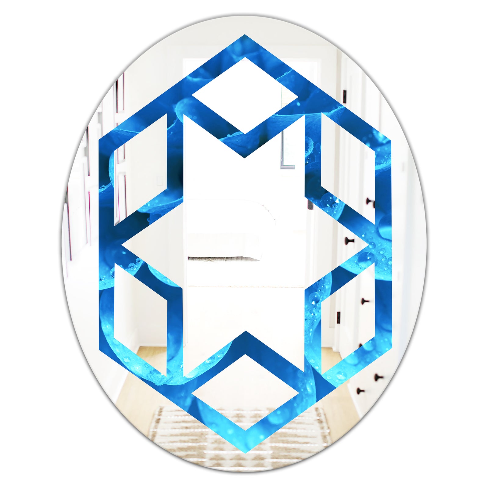 Large Light Blue Flower and Petals - Modern Round or Oval Wall Mirror - Hexagon Star