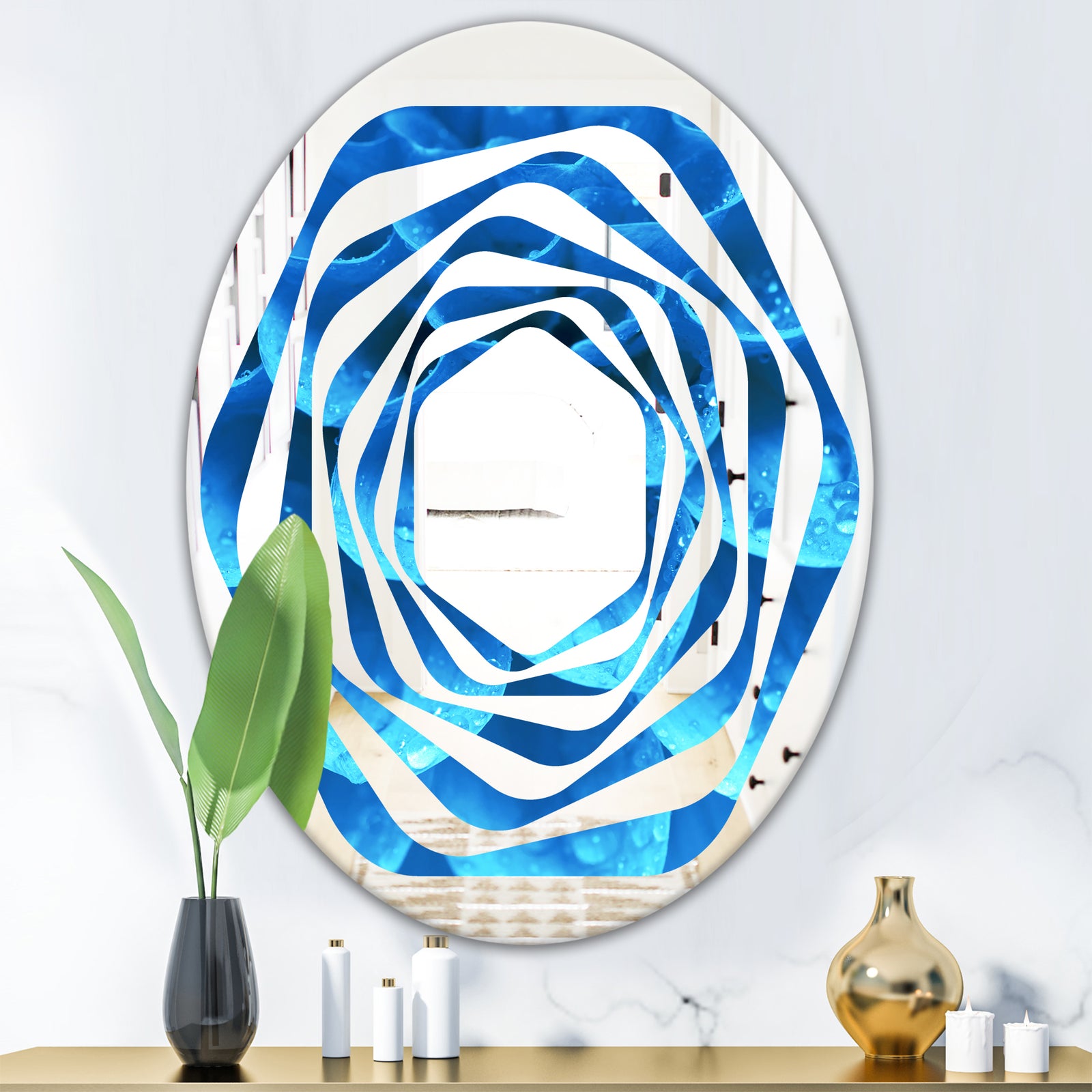 Large Light Blue Flower and Petals - Modern Round or Oval Wall Mirror - Whirl