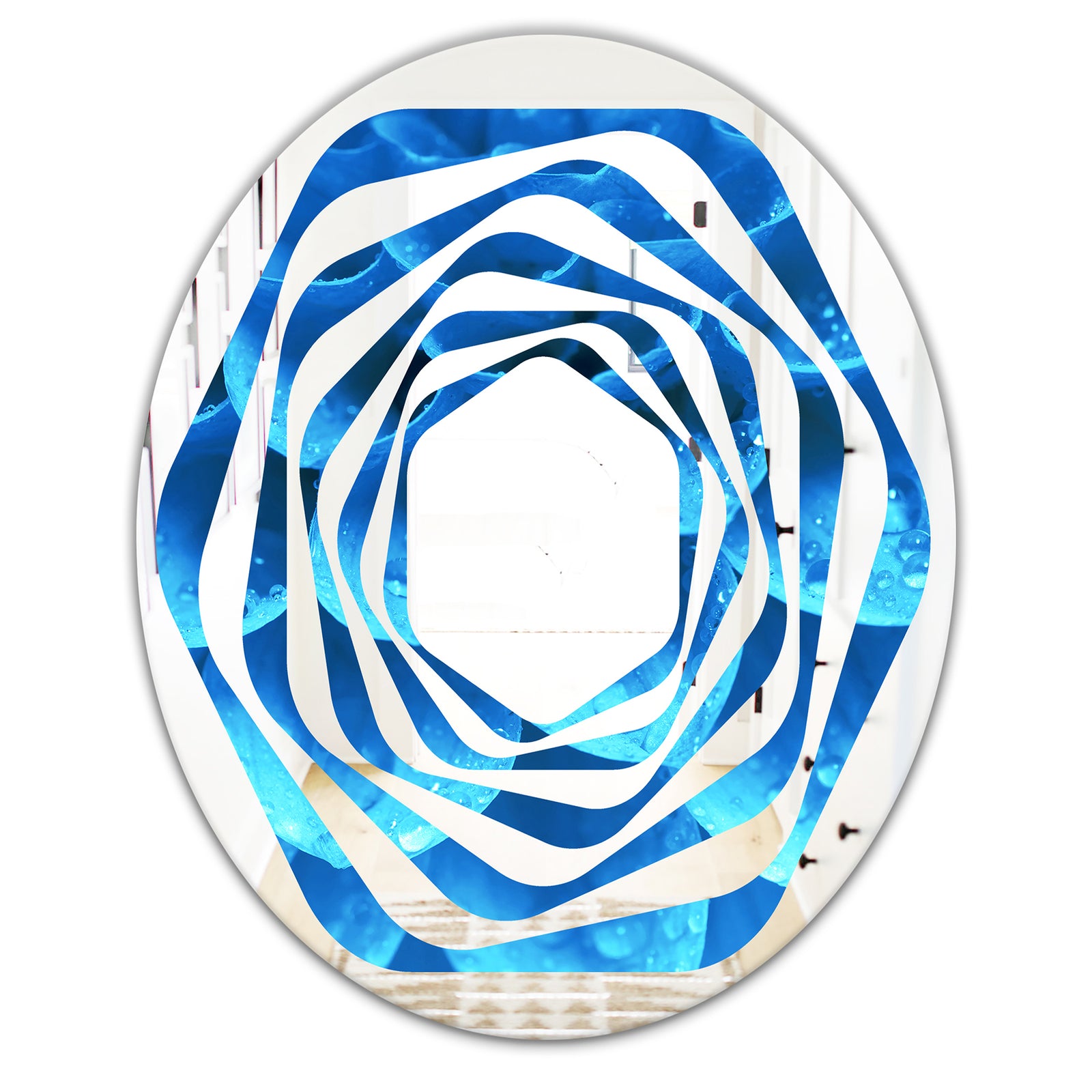 Large Light Blue Flower and Petals - Modern Round or Oval Wall Mirror - Whirl