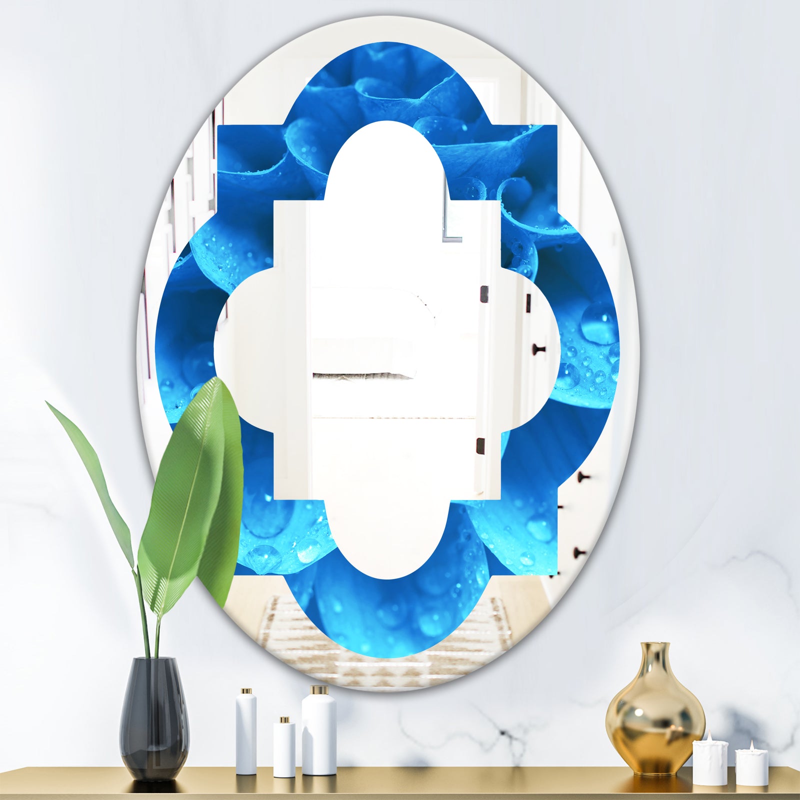 Large Light Blue Flower and Petals - Modern Round or Oval Wall Mirror - Quatrefoil