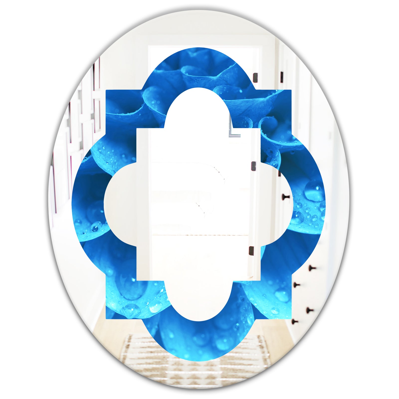 Large Light Blue Flower and Petals - Modern Round or Oval Wall Mirror - Quatrefoil