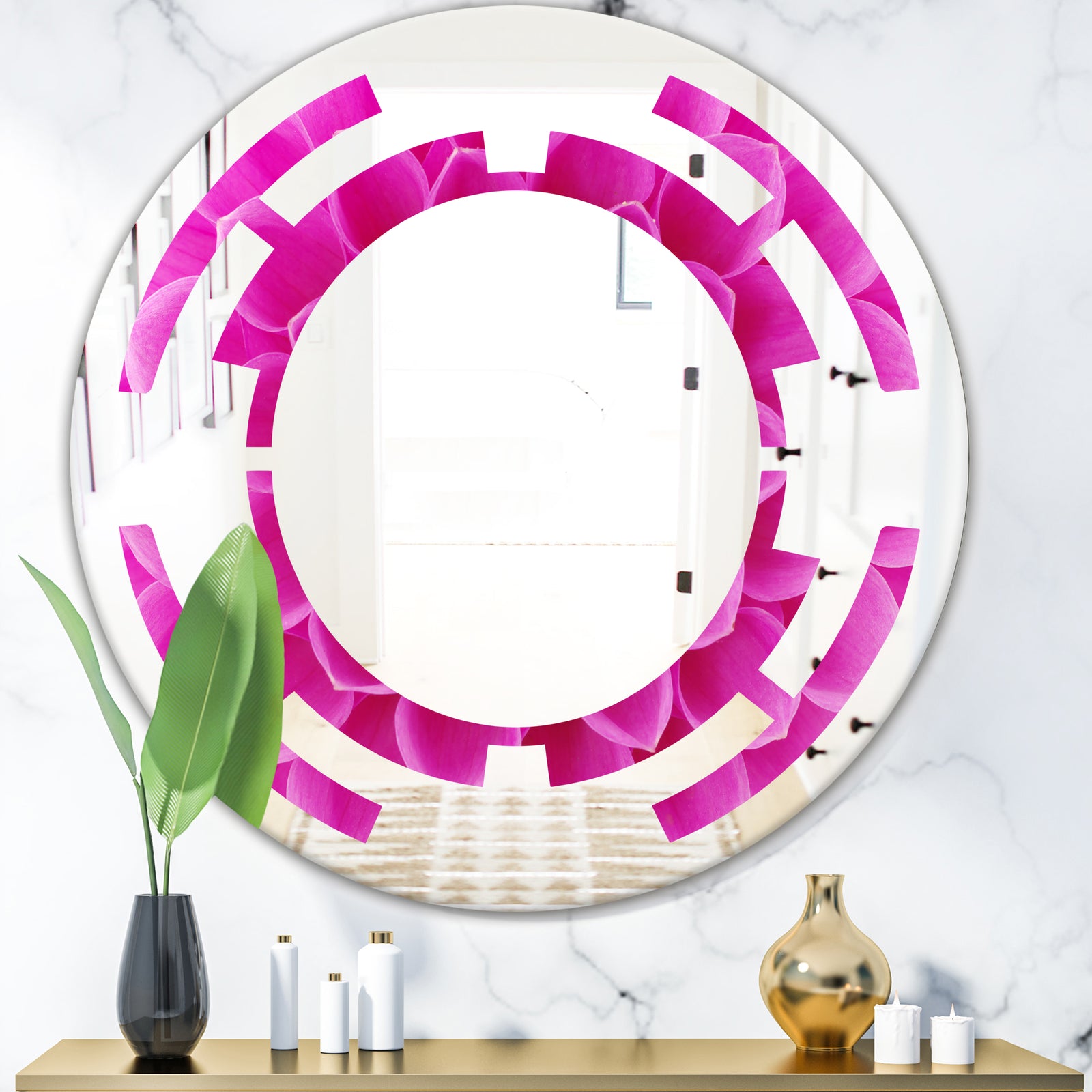 Large Pink Flower and Petals - Modern Round or Oval Wall Mirror - Space