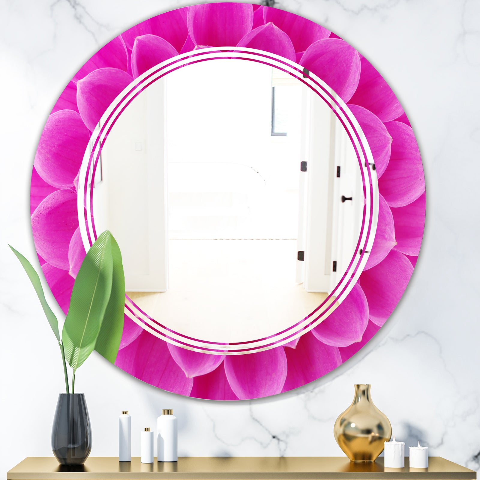 Large Pink Flower and Petals - Modern Round or Oval Wall Mirror - Triple C