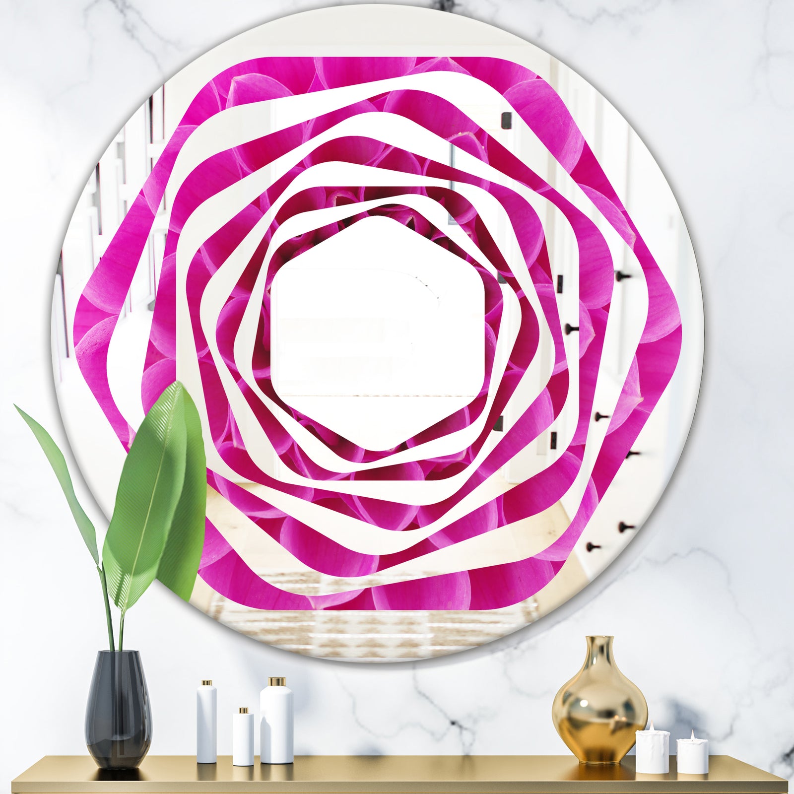 Large Pink Flower and Petals - Modern Round or Oval Wall Mirror - Whirl
