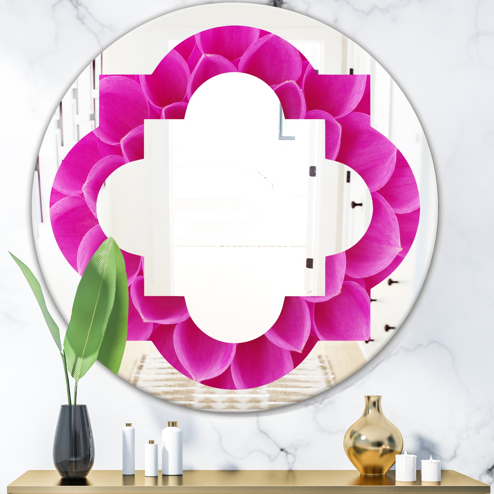 Large Pink Flower and Petals - Modern Round or Oval Wall Mirror - Quatrefoil