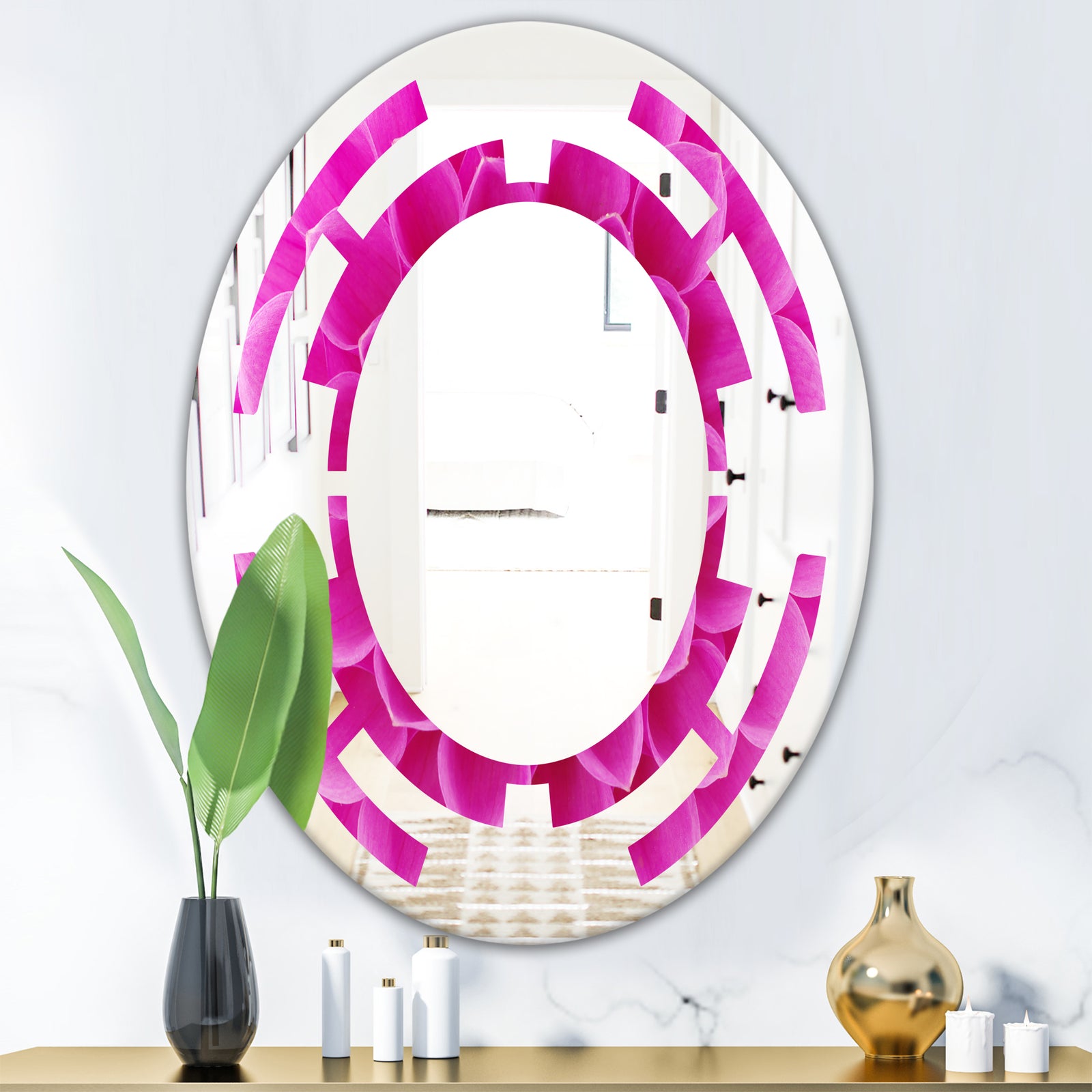 Large Pink Flower and Petals - Modern Round or Oval Wall Mirror - Space