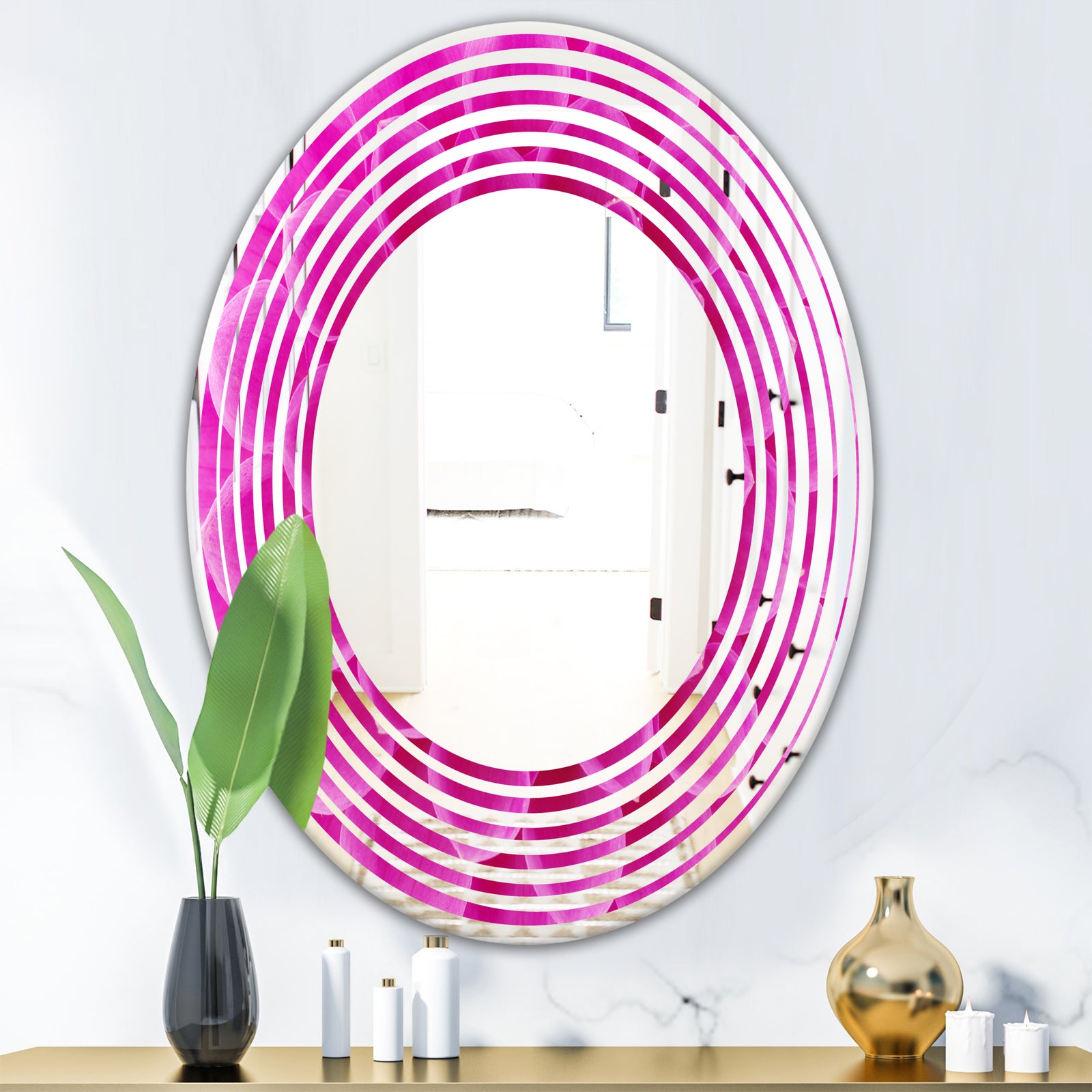 Large Pink Flower and Petals - Modern Round or Oval Wall Mirror - Wave