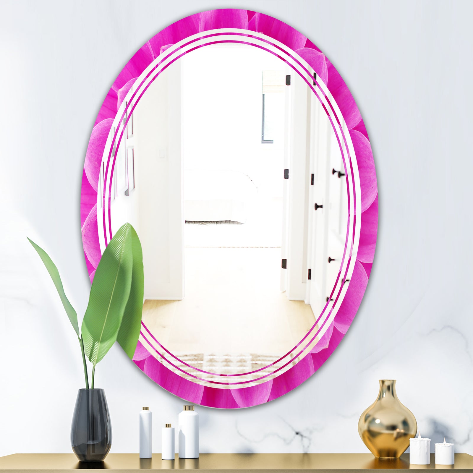 Large Pink Flower and Petals - Modern Round or Oval Wall Mirror - Triple C