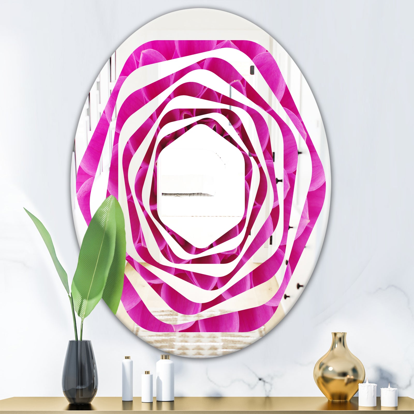 Large Pink Flower and Petals - Modern Round or Oval Wall Mirror - Whirl