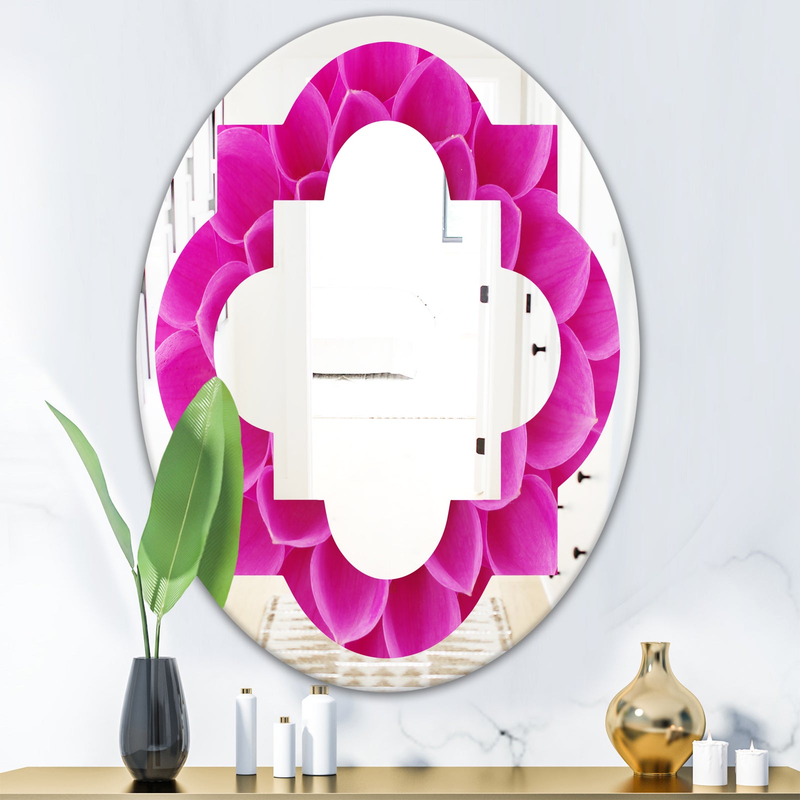 Large Pink Flower and Petals - Modern Round or Oval Wall Mirror - Quatrefoil