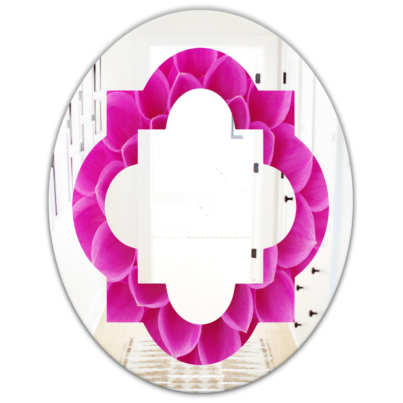 Large Pink Flower and Petals - Modern Round or Oval Wall Mirror - Quatrefoil
