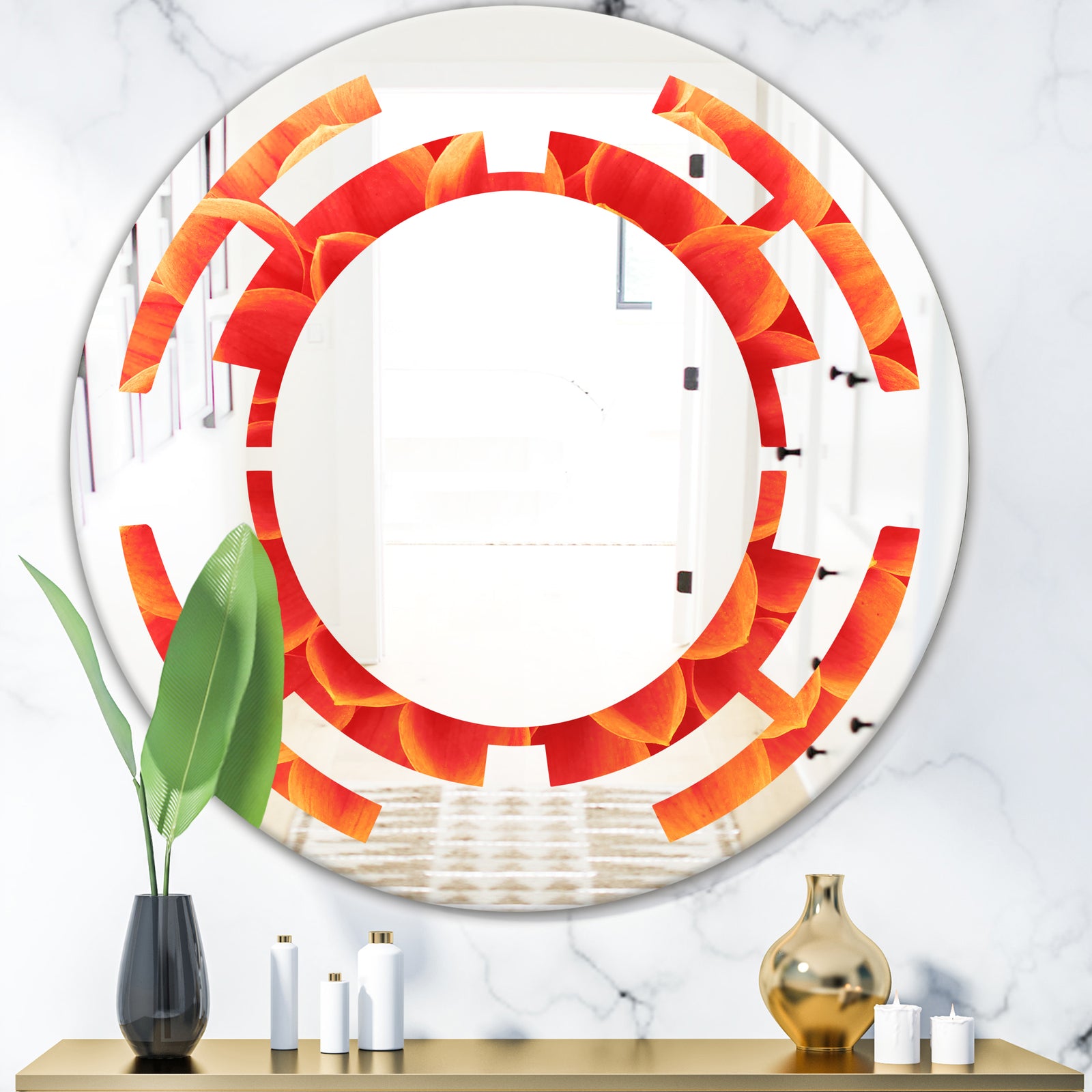 Abstract Orange Flower Design - Modern Round or Oval Wall Mirror - Space