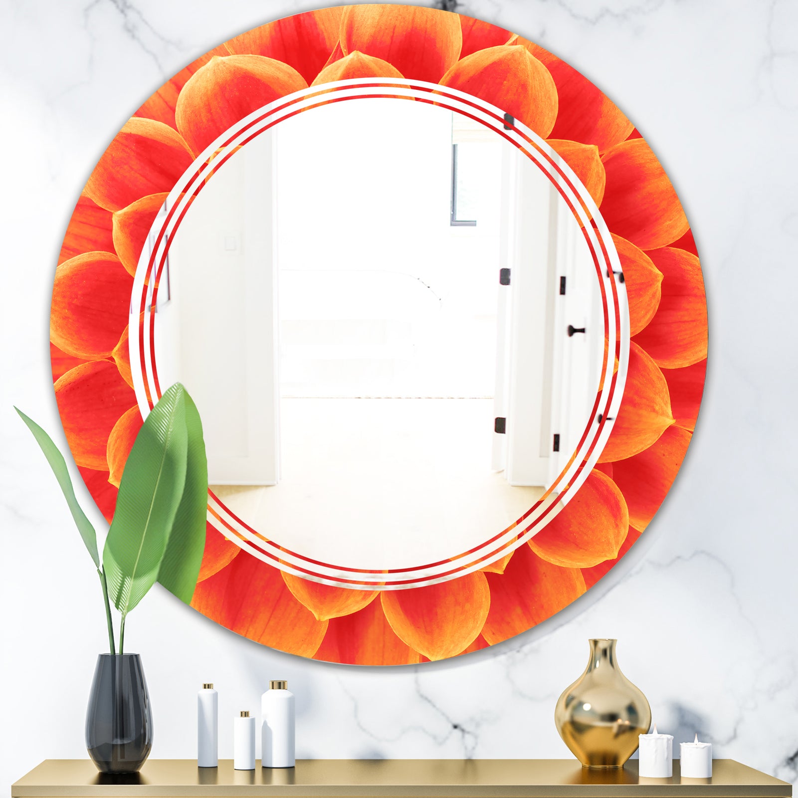 Abstract Orange Flower Design - Modern Round or Oval Wall Mirror - Triple C