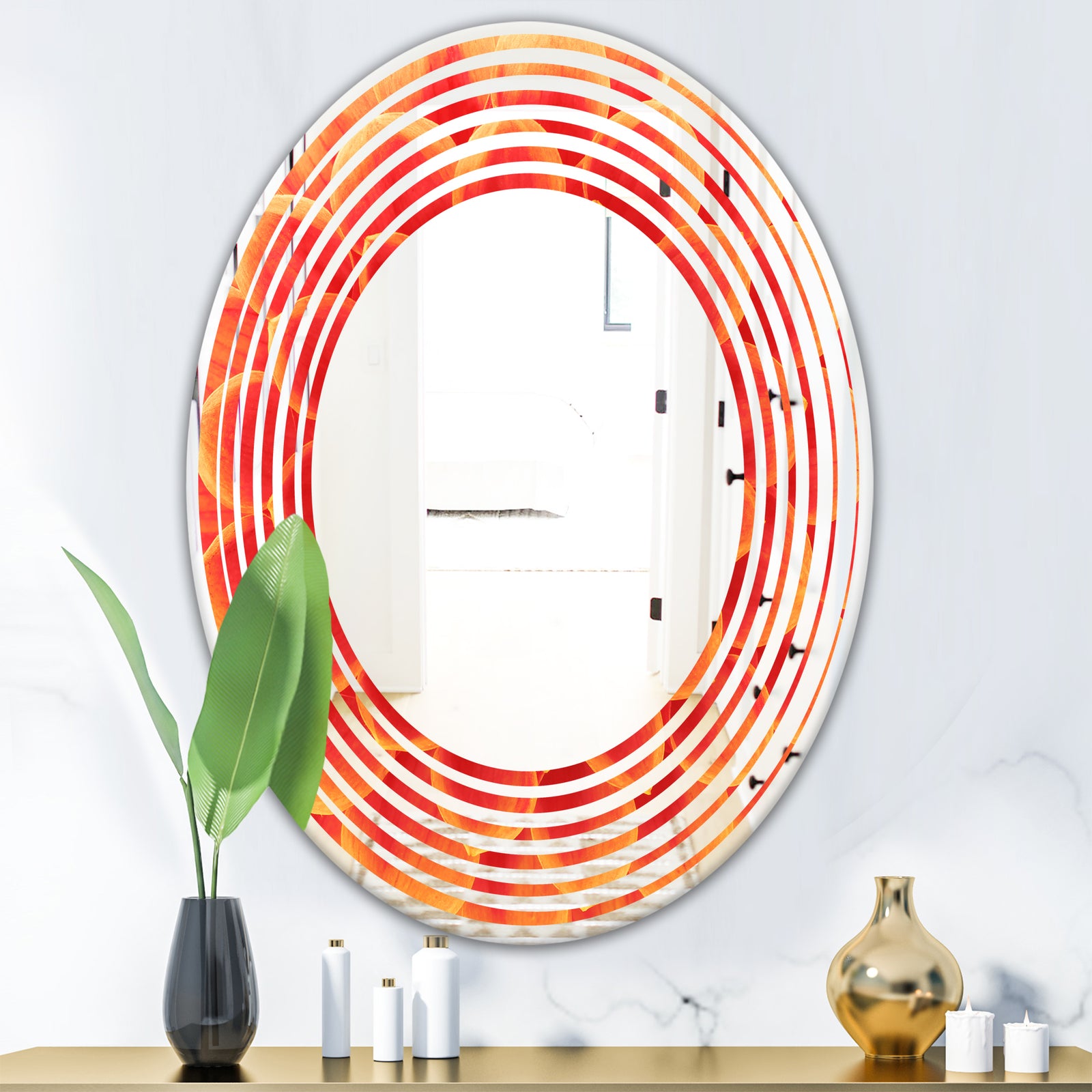 Abstract Orange Flower Design - Modern Round or Oval Wall Mirror - Wave