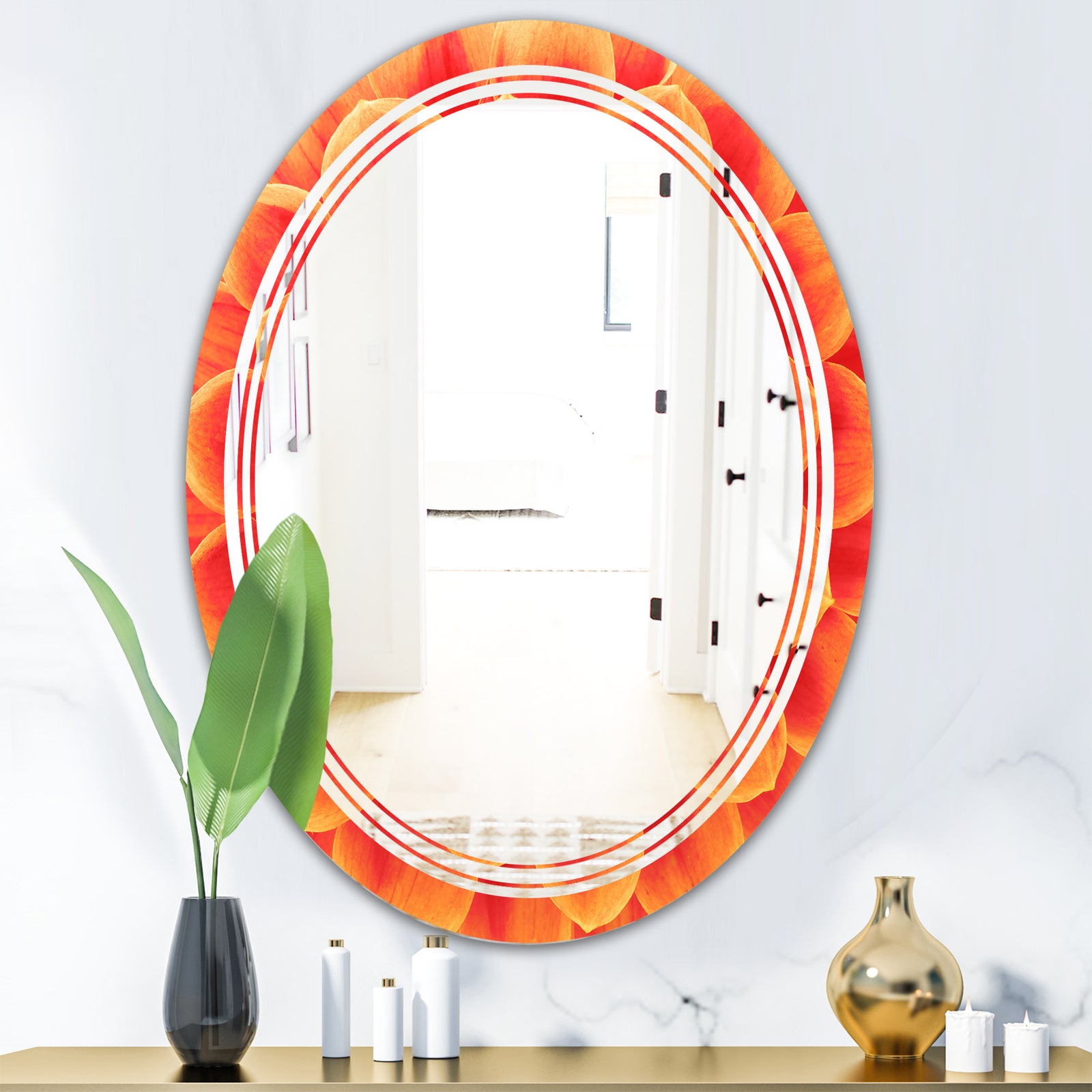 Abstract Orange Flower Design - Modern Round or Oval Wall Mirror - Triple C