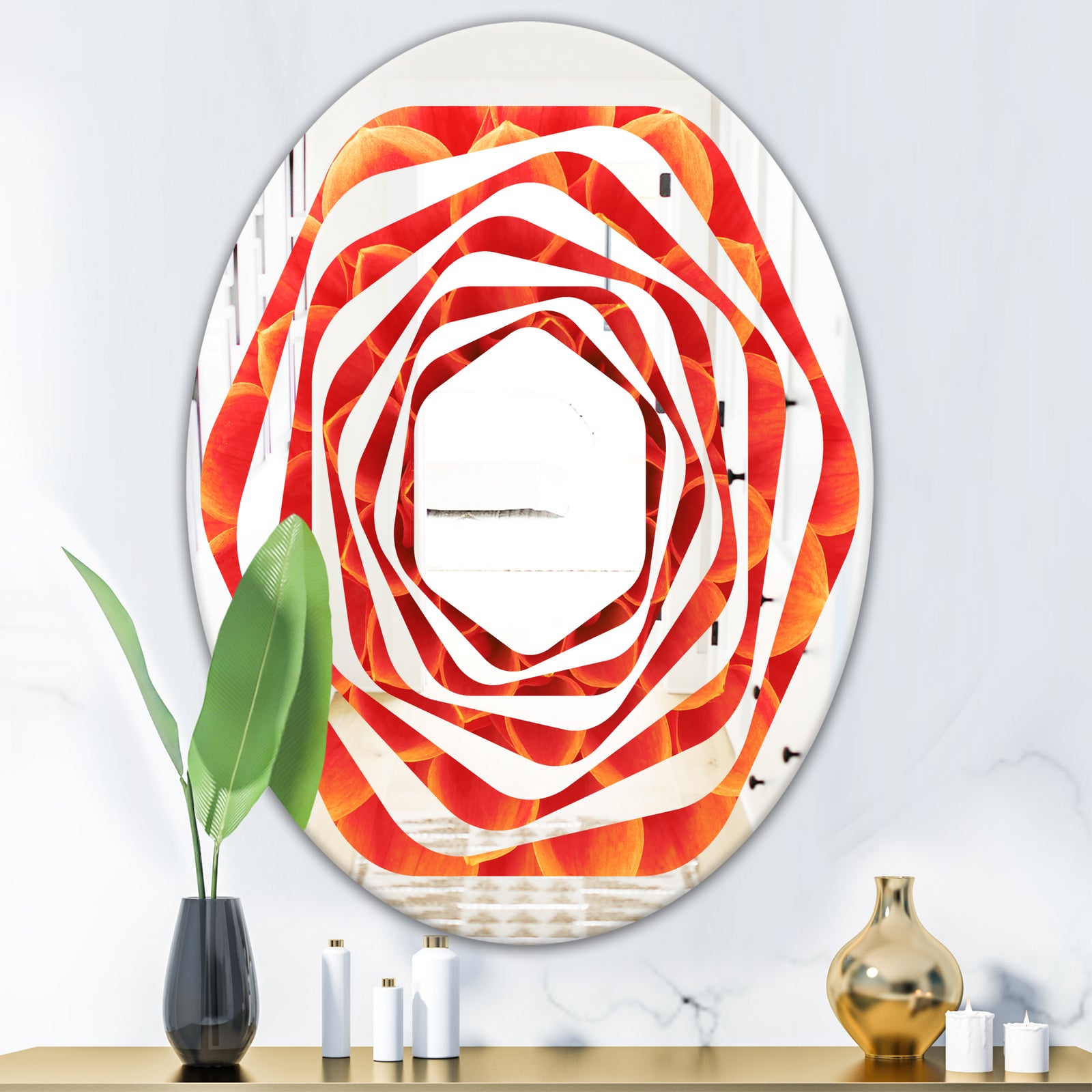 Abstract Orange Flower Design - Modern Round or Oval Wall Mirror - Whirl