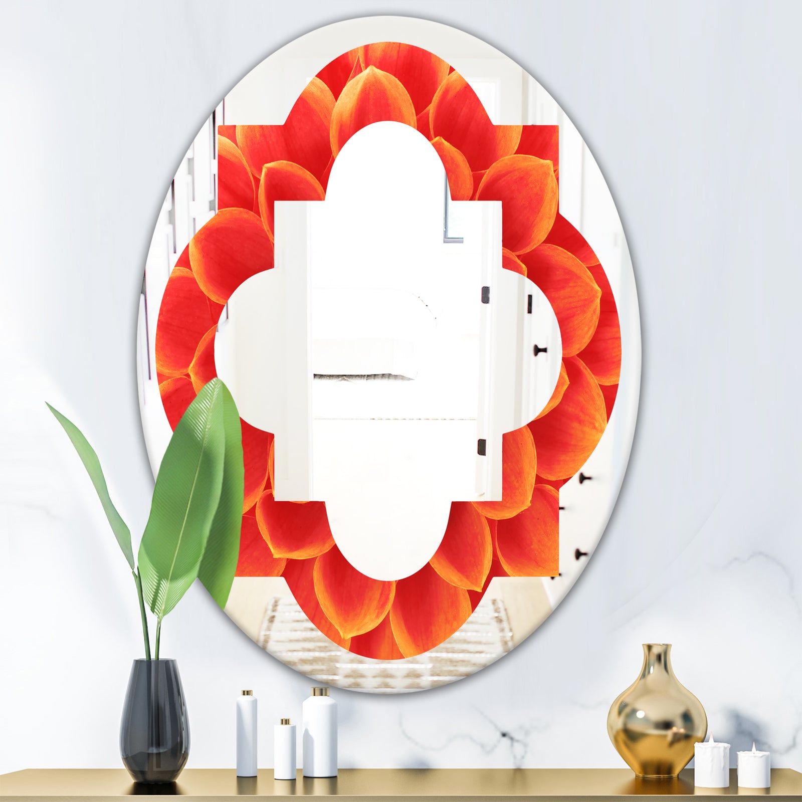 Abstract Orange Flower Design - Modern Round or Oval Wall Mirror - Quatrefoil