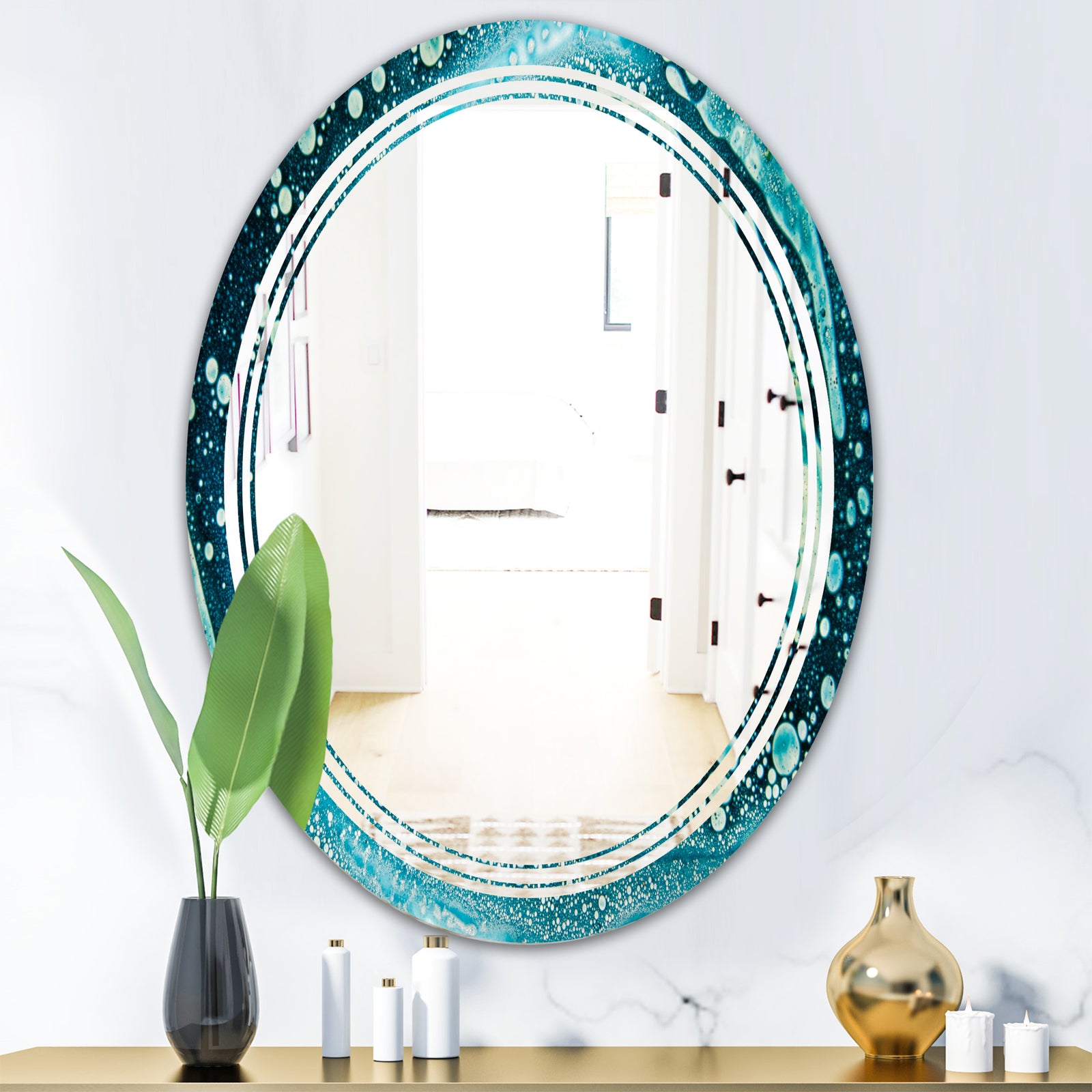 Precious Blue Fabulous Pattern - Modern Round or Oval Wall Mirror - Triple C