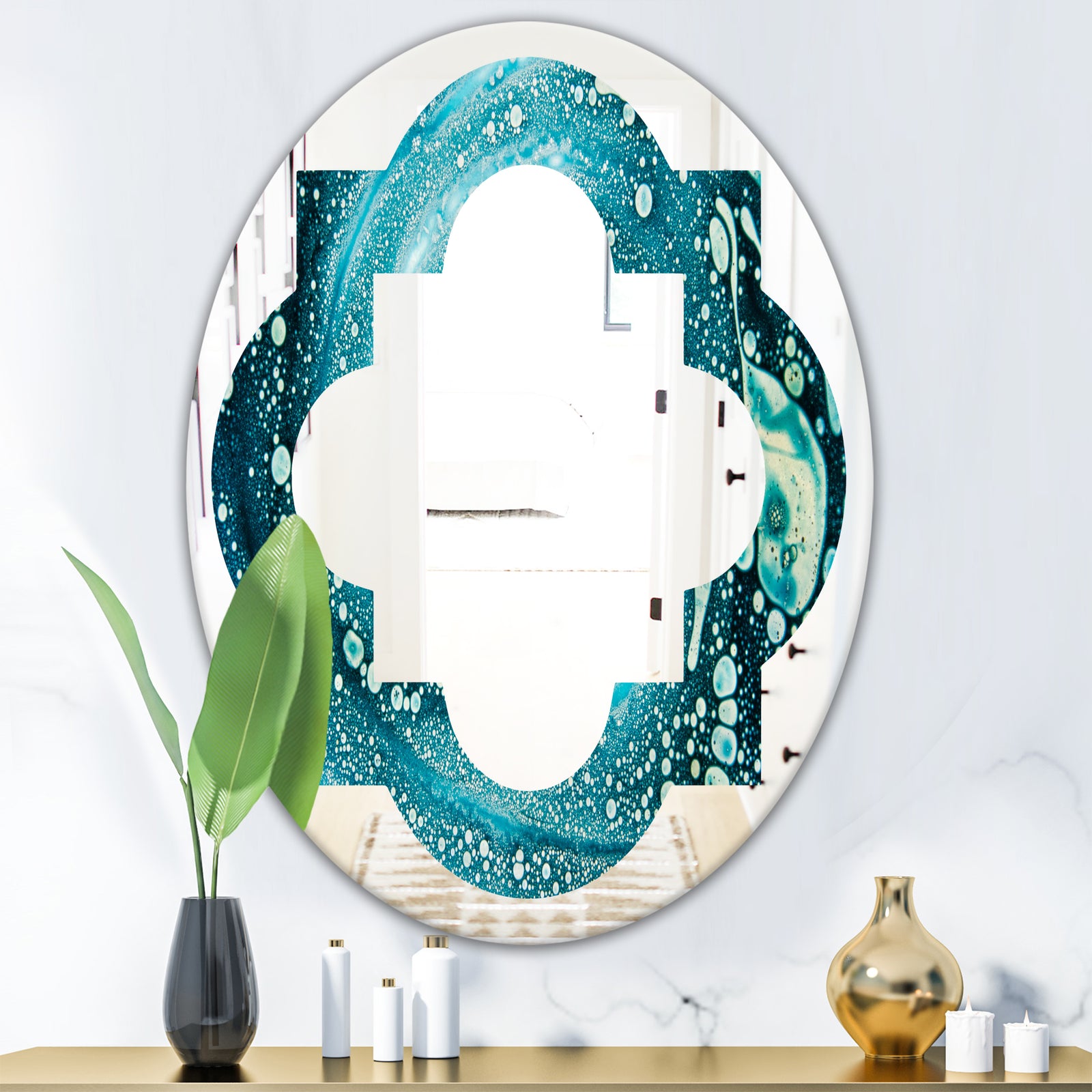 Precious Blue Fabulous Pattern - Modern Round or Oval Wall Mirror - Quatrefoil