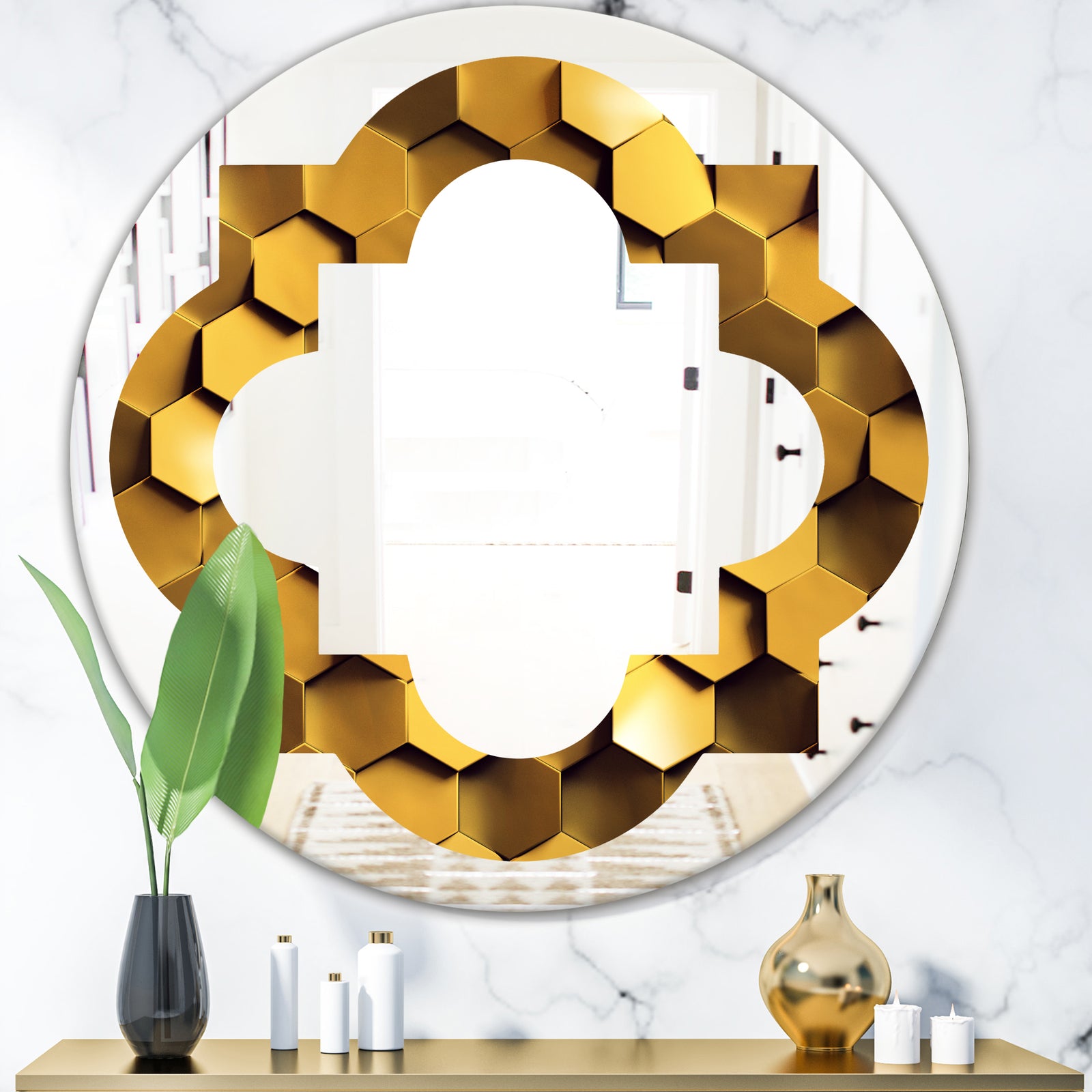 Golden Honeycomb Wall Texture - Modern Round or Oval Wall Mirror - Quatrefoil