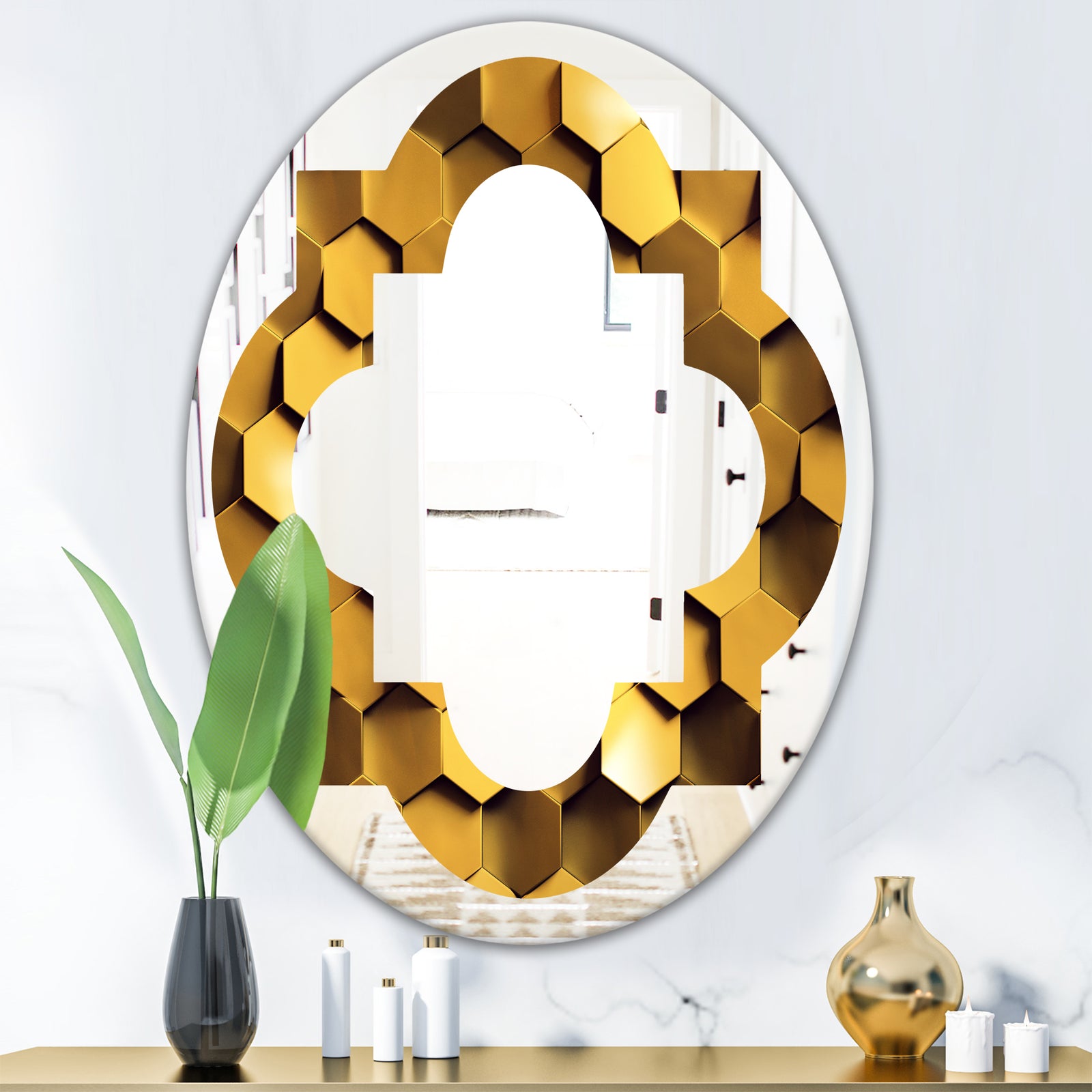 Golden Honeycomb Wall Texture - Modern Round or Oval Wall Mirror - Quatrefoil