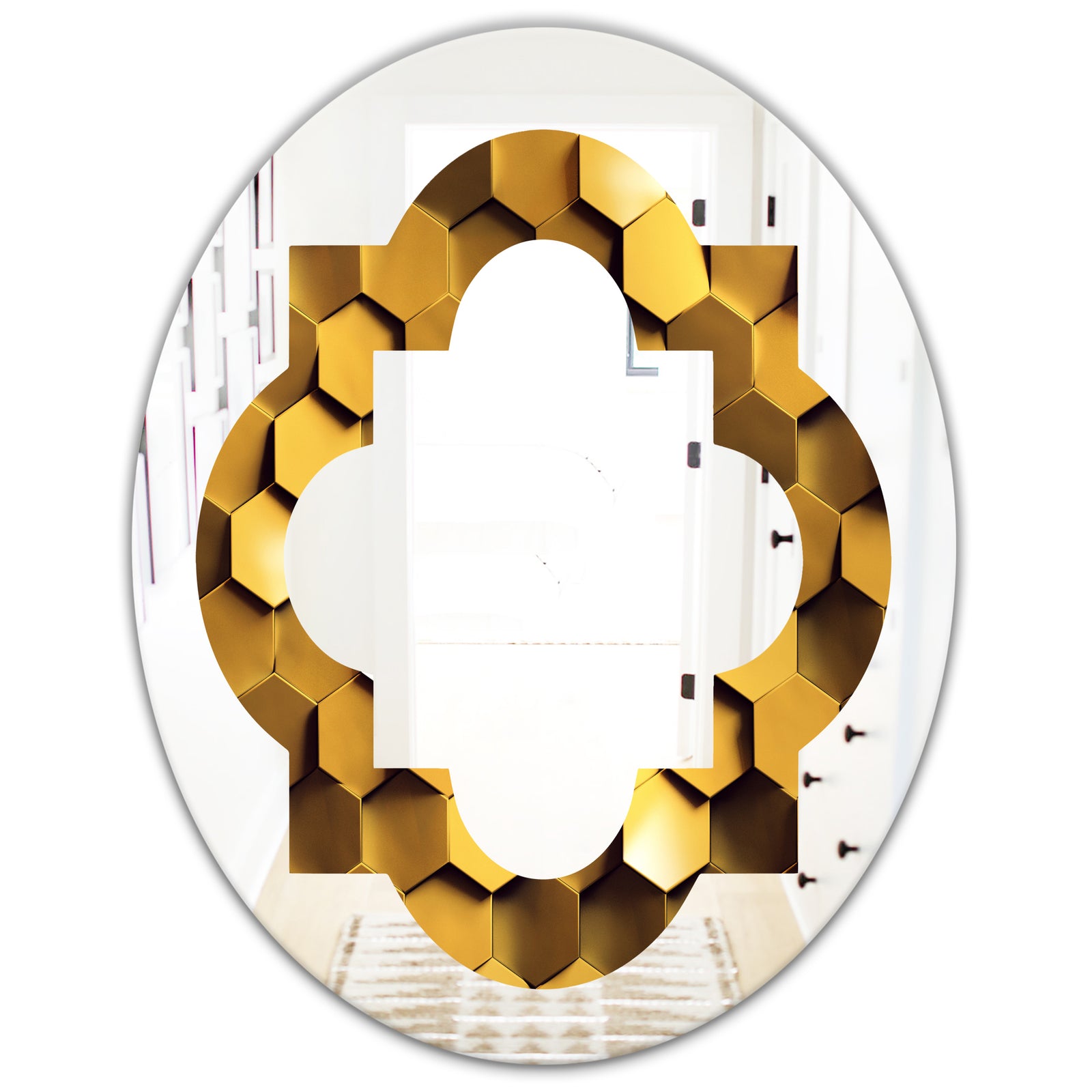 Golden Honeycomb Wall Texture - Modern Round or Oval Wall Mirror - Quatrefoil