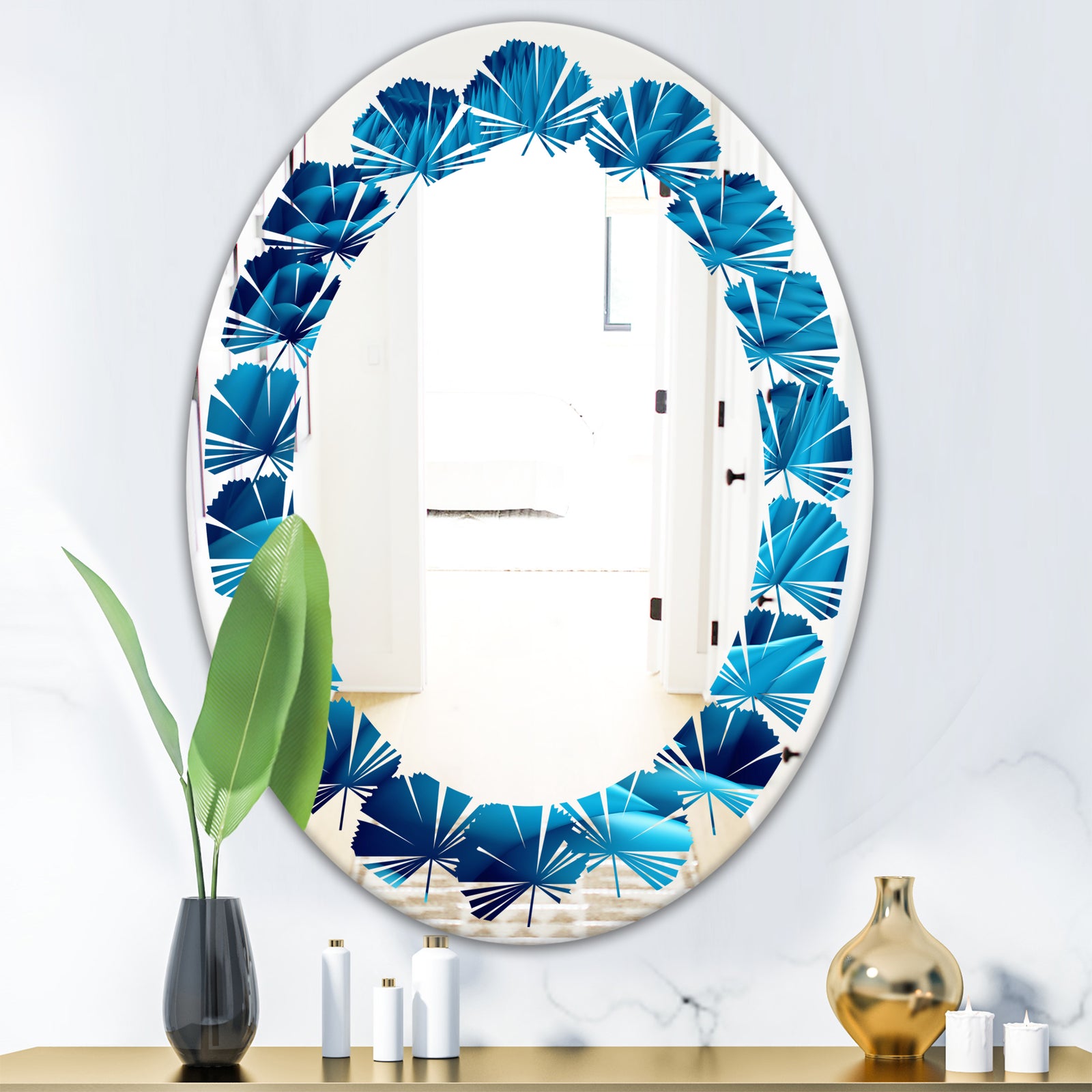 Abstract Blue Wavy - Modern Round or Oval Wall Mirror - Leaves