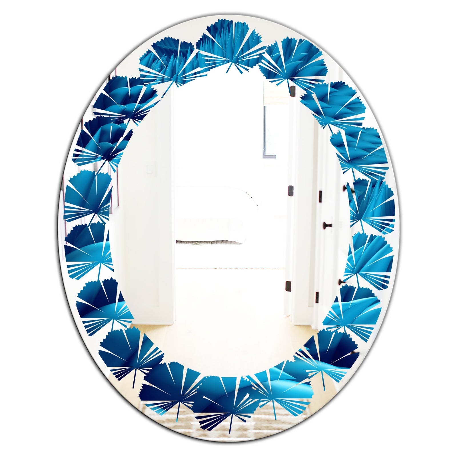 Abstract Blue Wavy - Modern Round or Oval Wall Mirror - Leaves