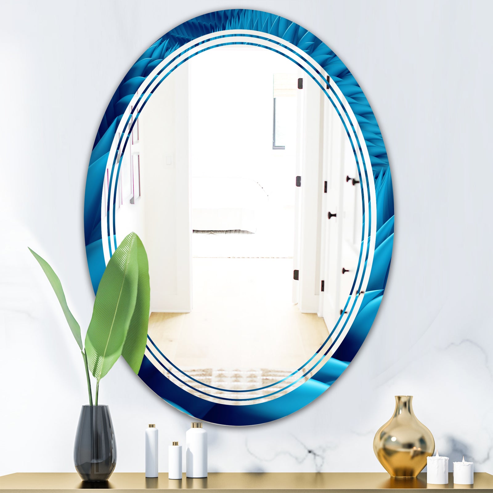 Abstract Blue Wavy - Modern Round or Oval Wall Mirror - Triple C