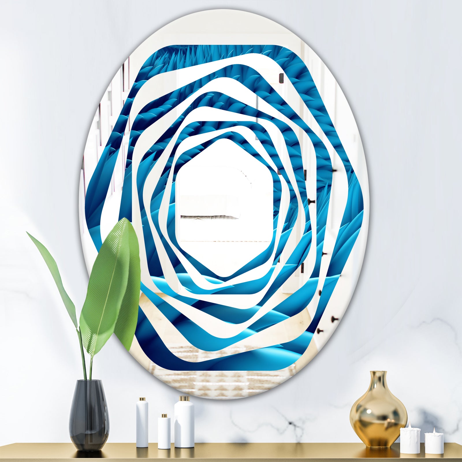 Abstract Blue Wavy - Modern Round or Oval Wall Mirror - Whirl