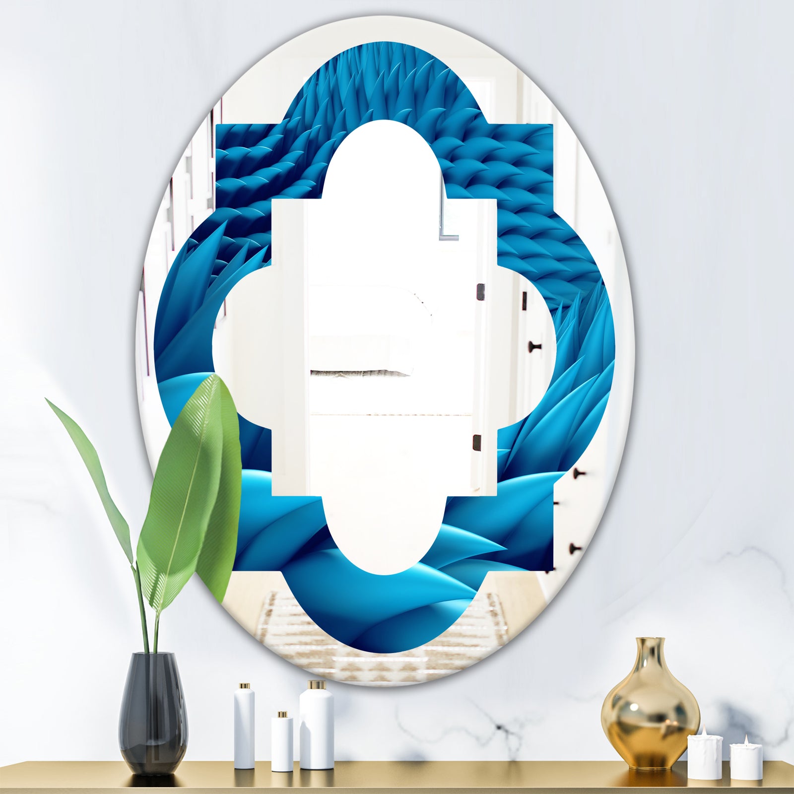 Abstract Blue Wavy - Modern Round or Oval Wall Mirror - Quatrefoil