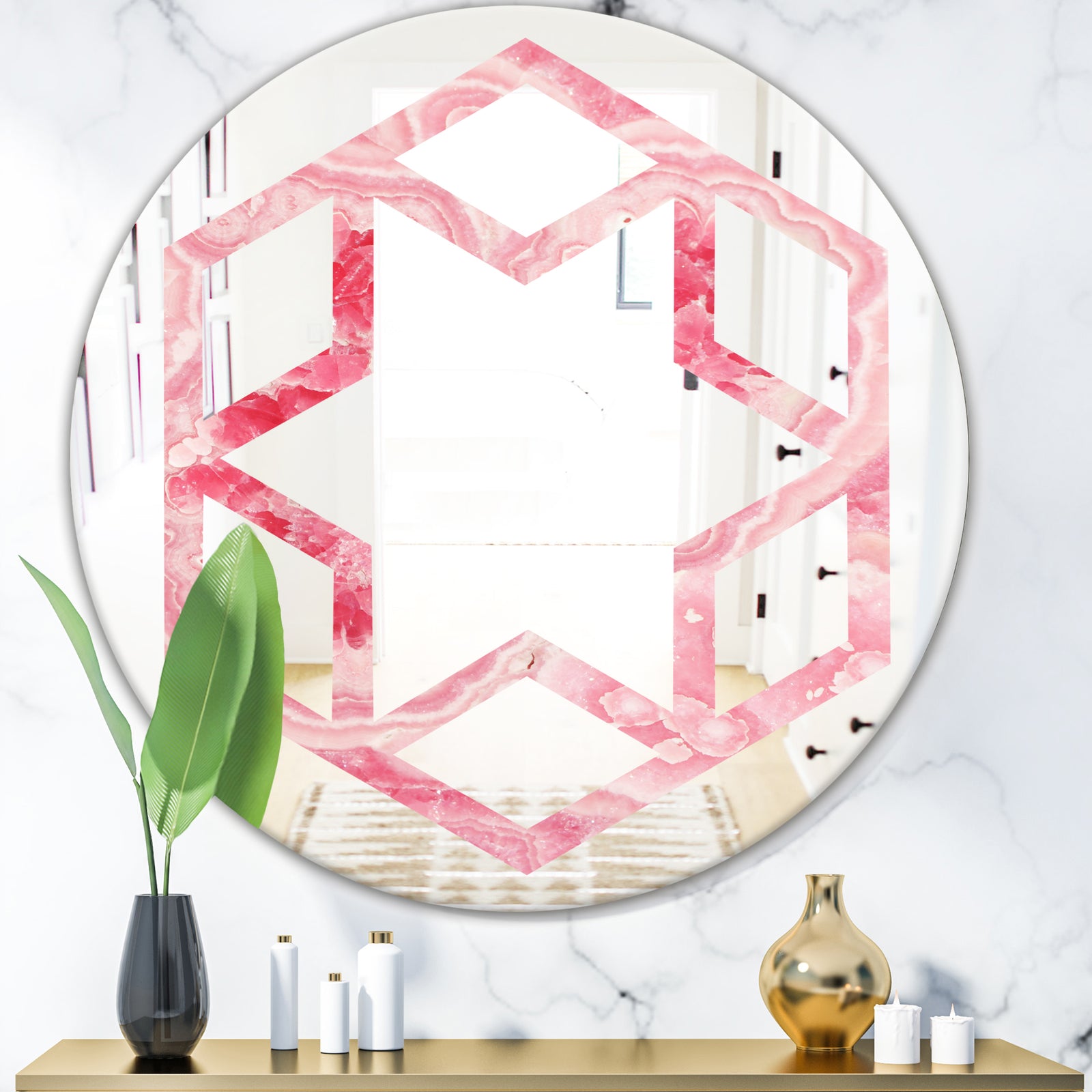 Quartz texture - Modern Round or Oval Wall Mirror - Hexagon Star