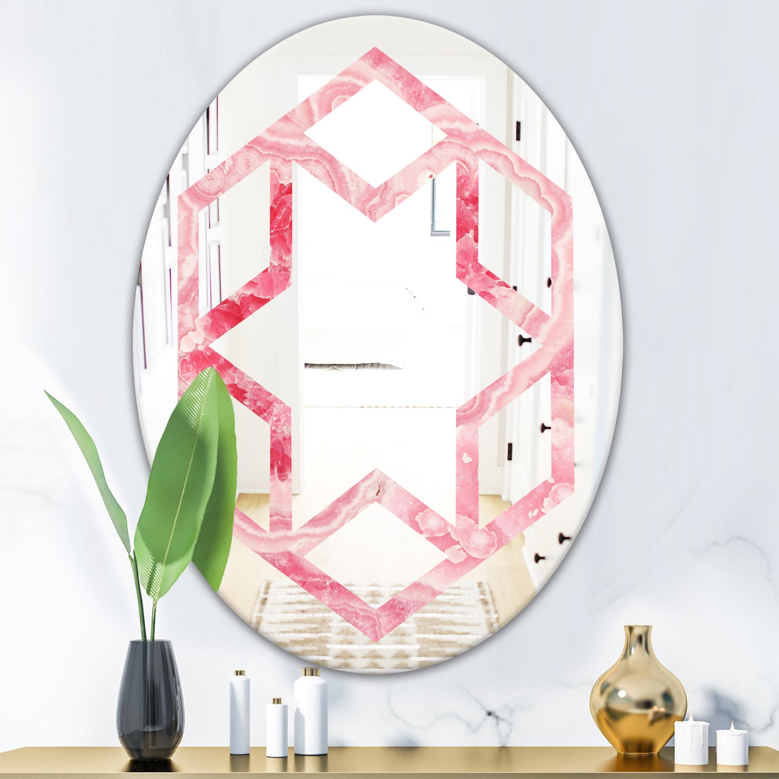 Quartz texture - Modern Round or Oval Wall Mirror - Hexagon Star