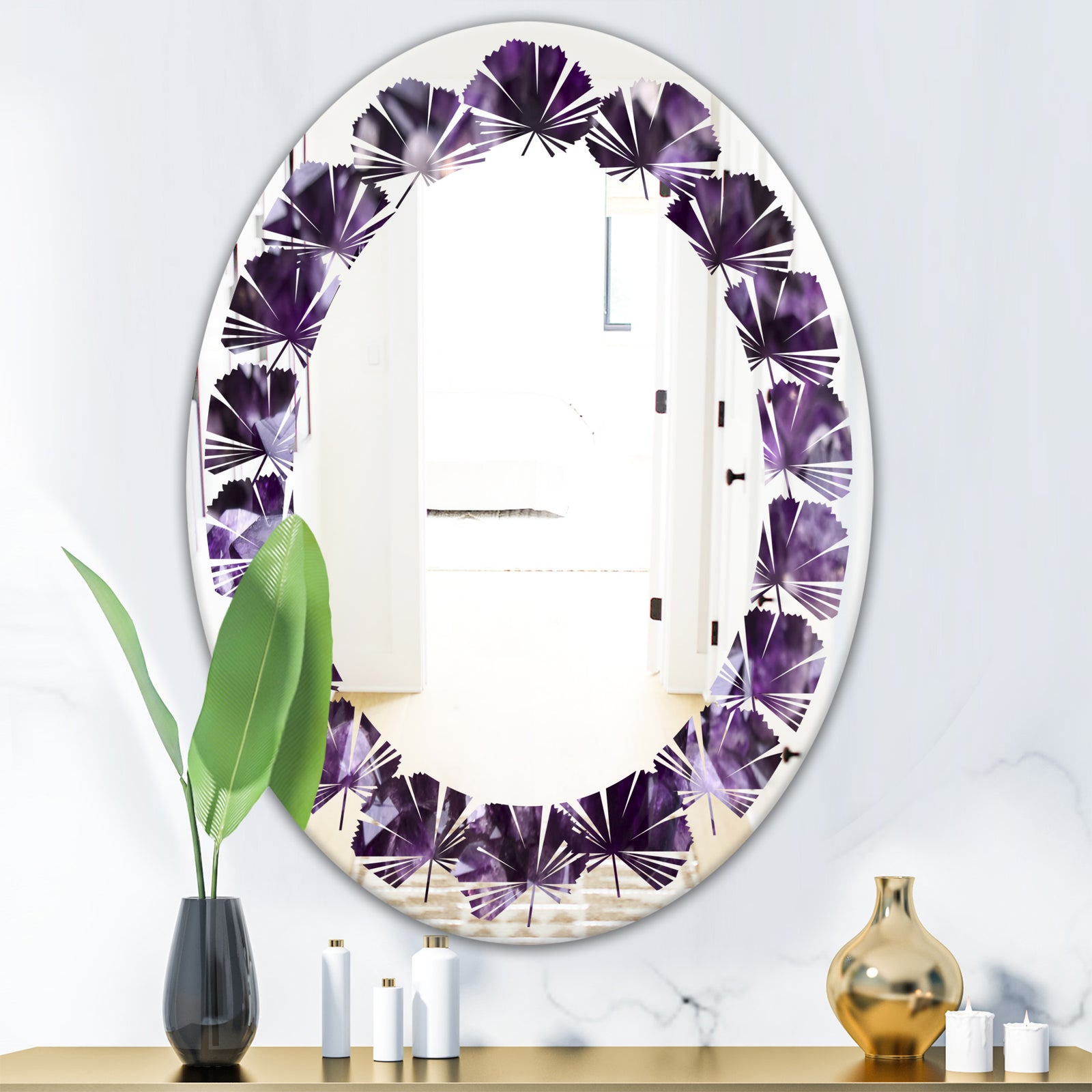 Amethyst geode - Modern Round or Oval Wall Mirror - Leaves