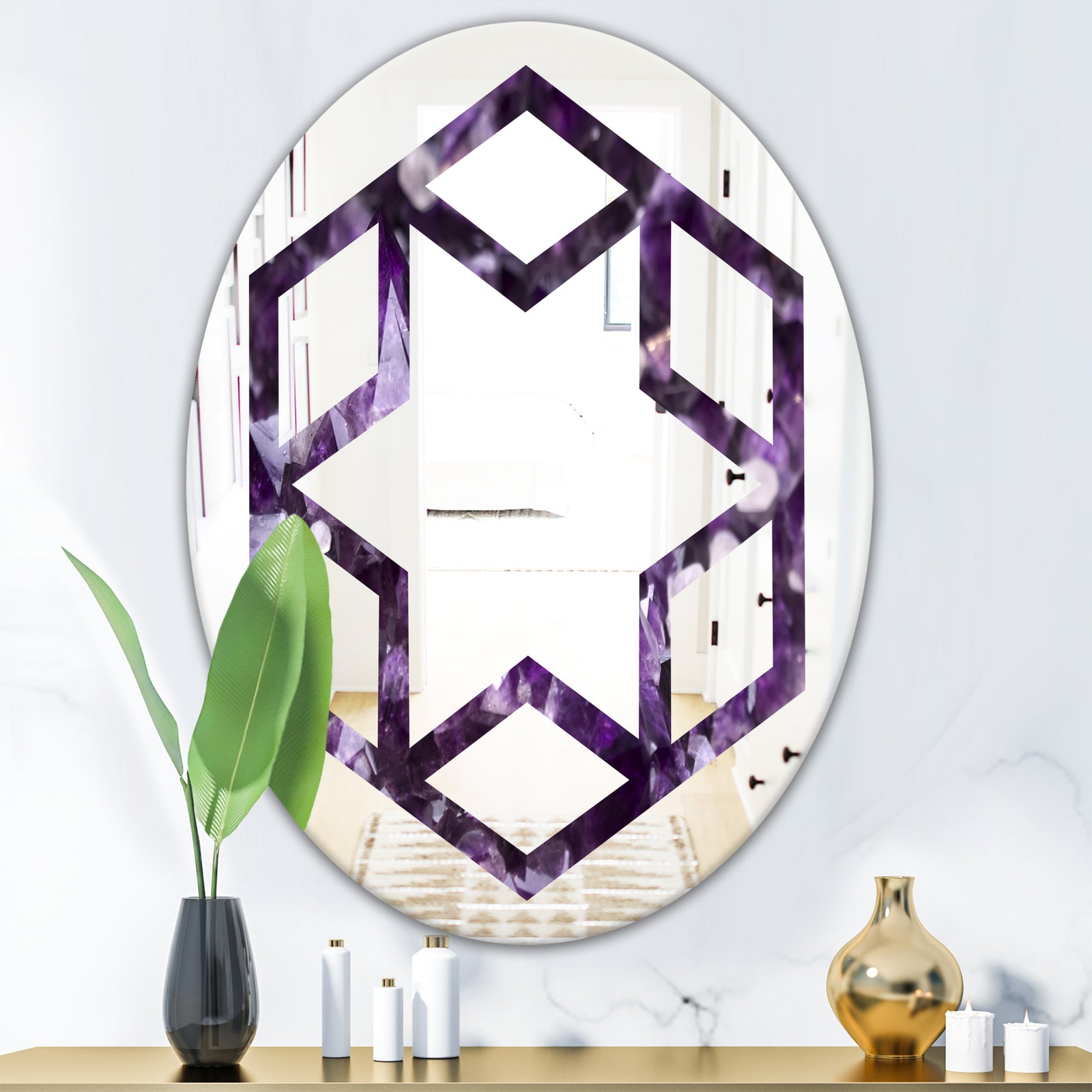 Amethyst geode - Modern Round or Oval Wall Mirror - Hexagon Star