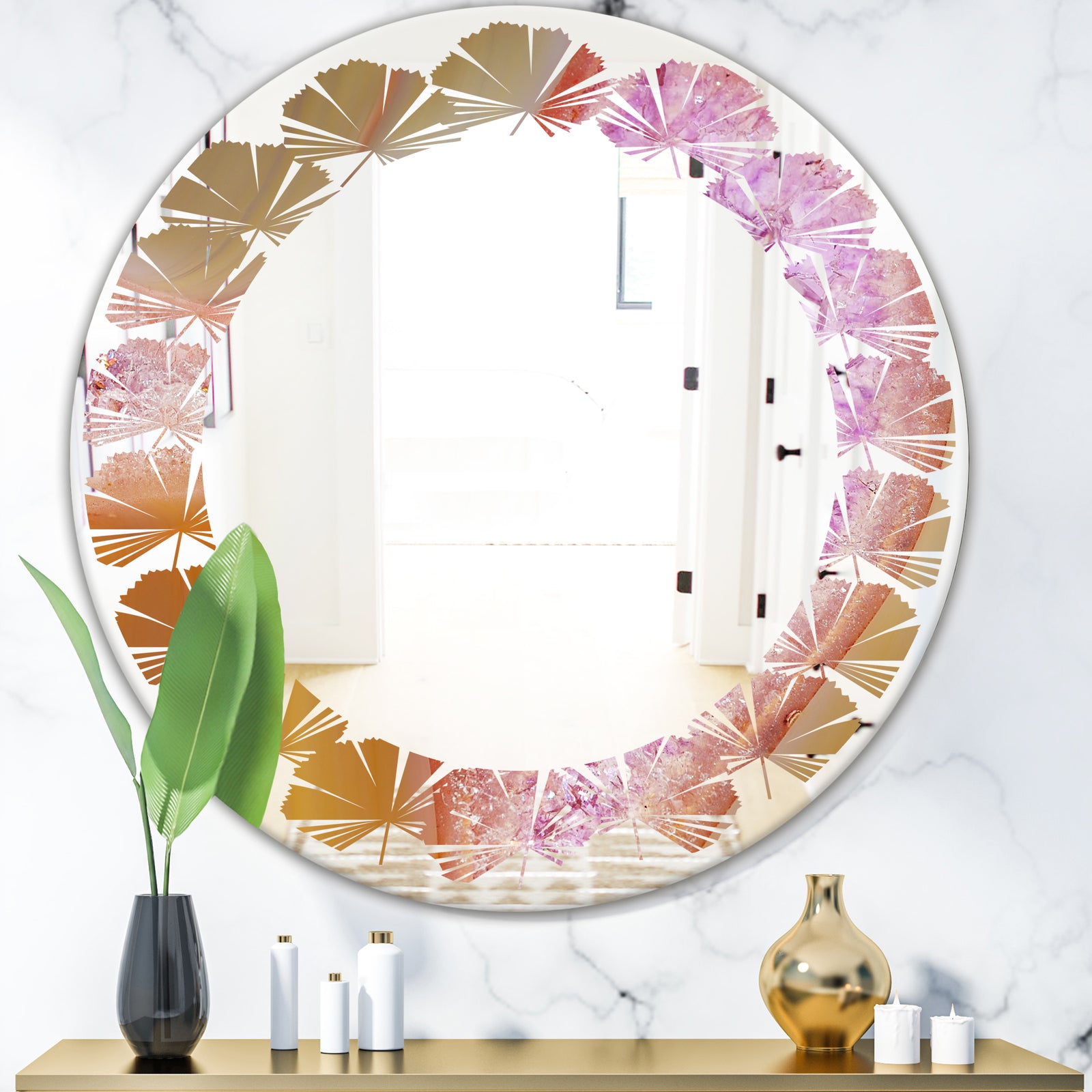 Crystals of Amethyst in Agate - Modern Round or Oval Wall Mirror - Leaves