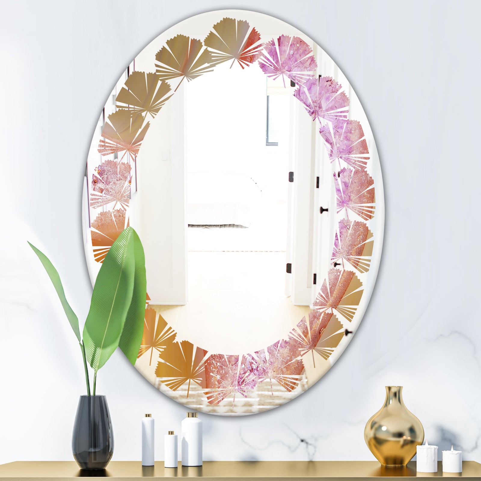 Crystals of Amethyst in Agate - Modern Round or Oval Wall Mirror - Leaves