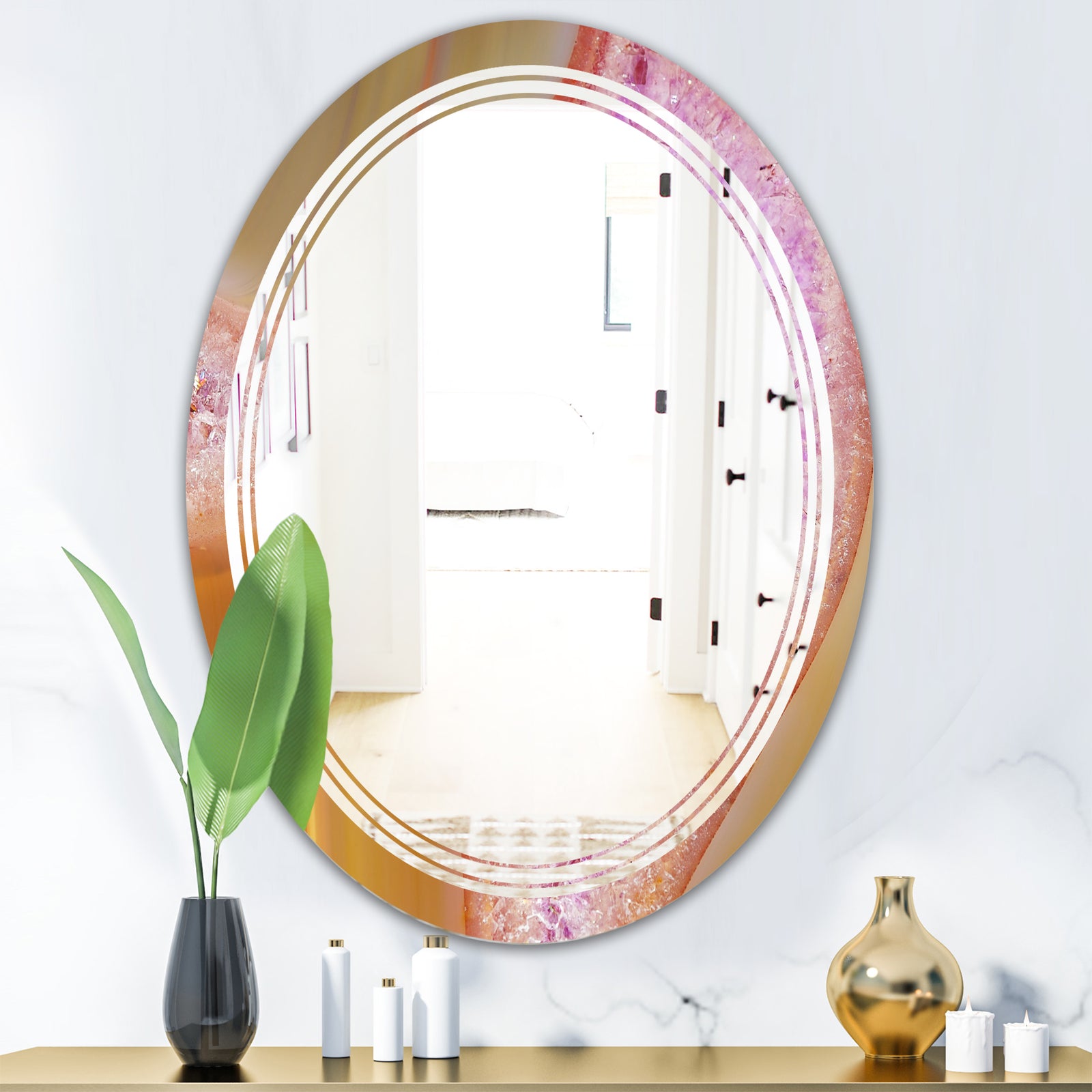 Crystals of Amethyst in Agate - Modern Round or Oval Wall Mirror - Triple C