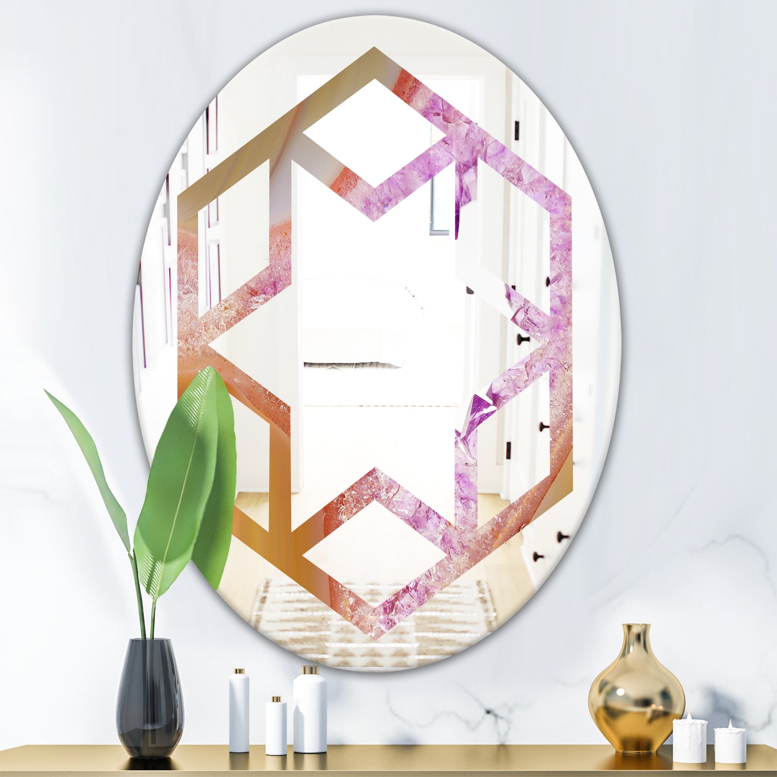 Crystals of Amethyst in Agate - Modern Round or Oval Wall Mirror - Hexagon Star