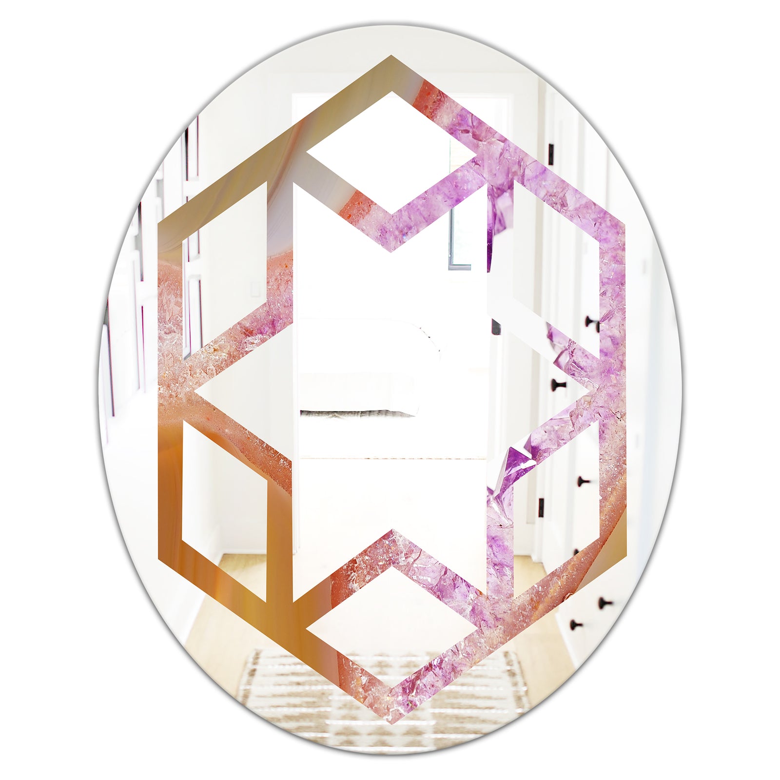 Crystals of Amethyst in Agate - Modern Round or Oval Wall Mirror - Hexagon Star