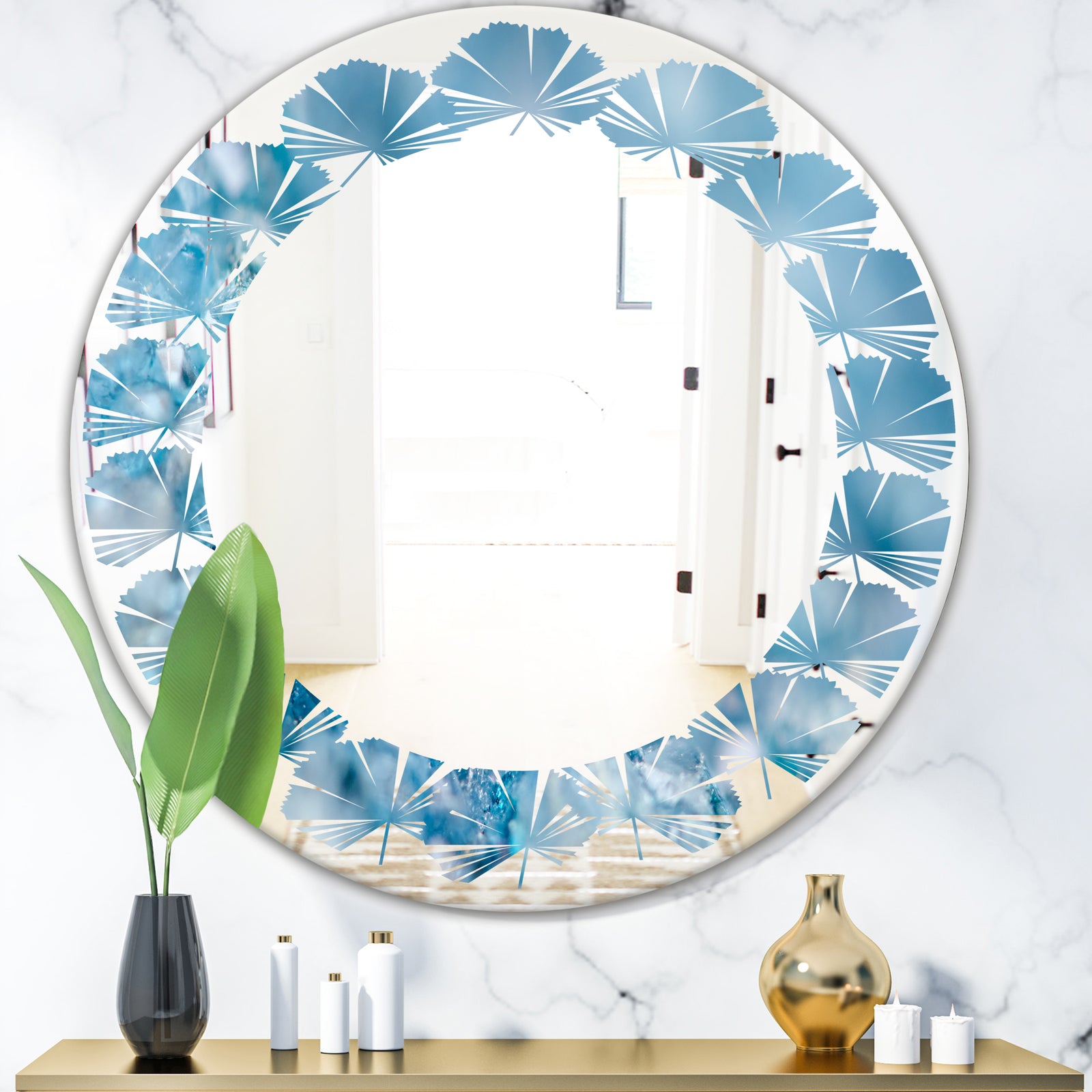 Blue crystals Agate - Modern Round or Oval Wall Mirror - Leaves