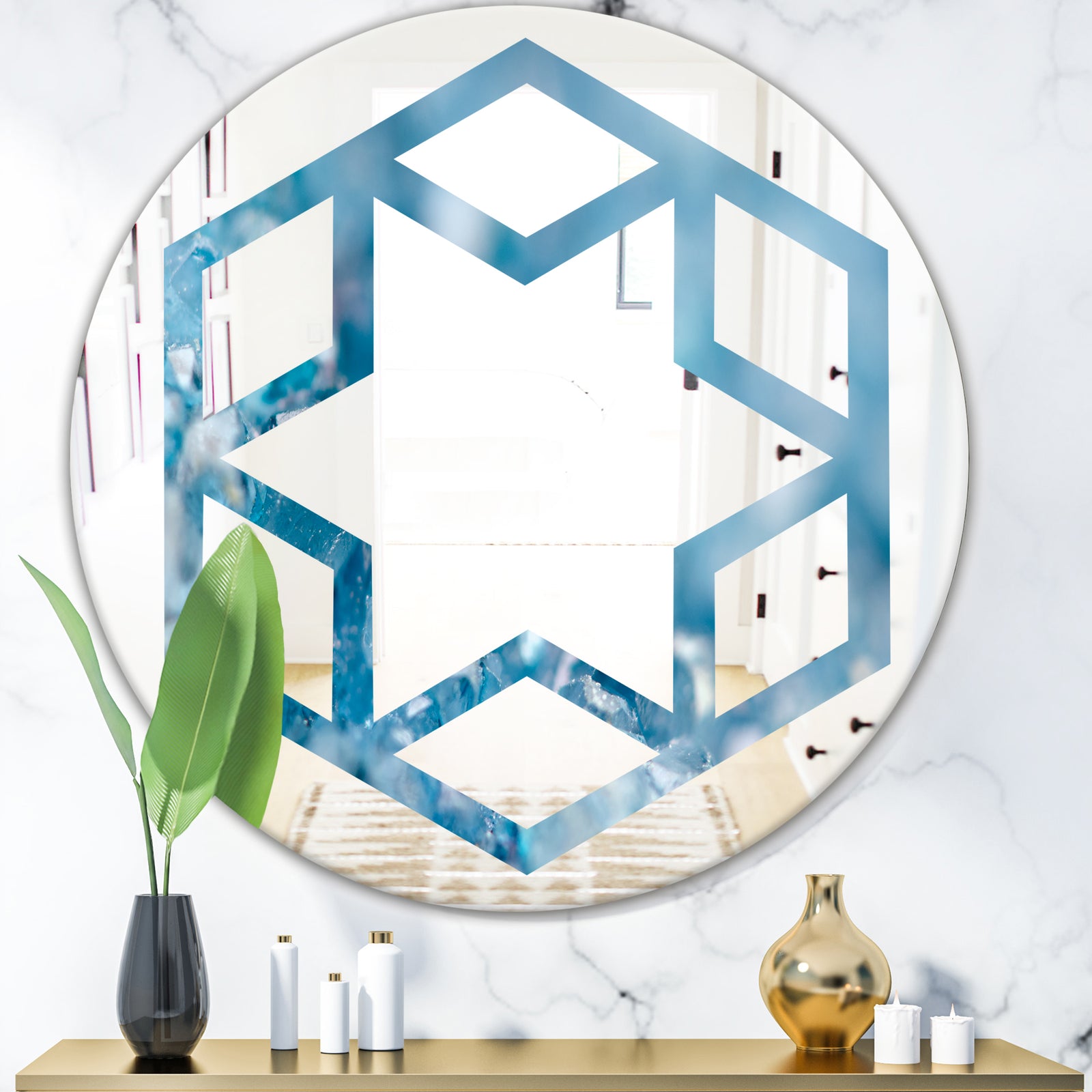 Blue crystals Agate - Modern Round or Oval Wall Mirror - Hexagon Star
