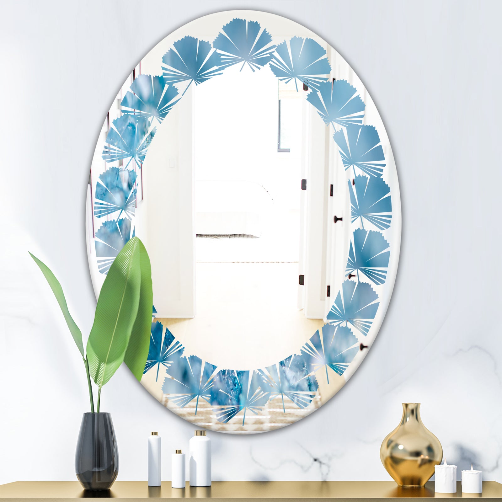 Blue crystals Agate - Modern Round or Oval Wall Mirror - Leaves