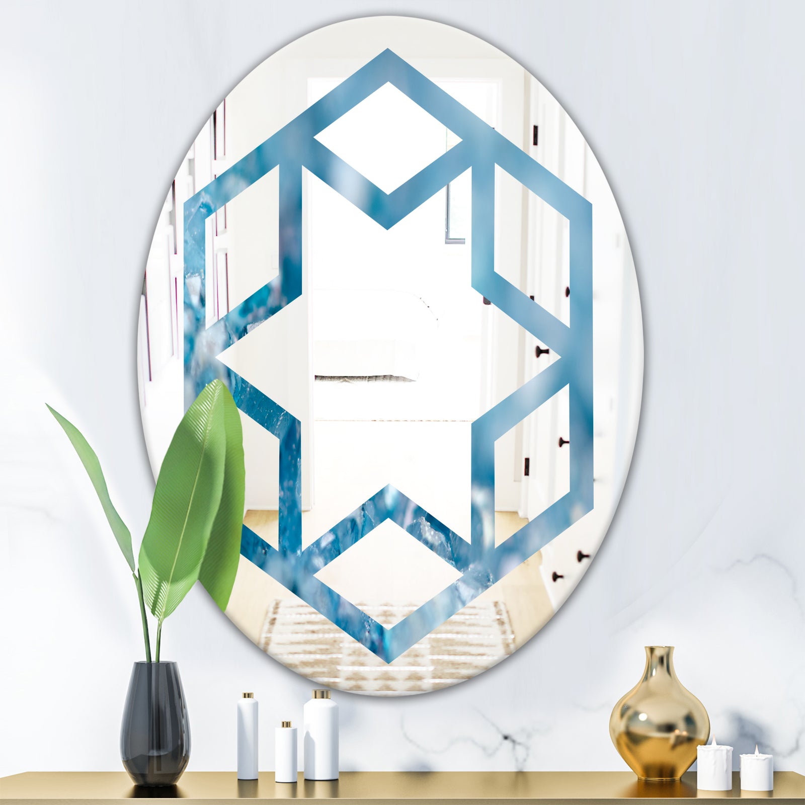 Blue crystals Agate - Modern Round or Oval Wall Mirror - Hexagon Star