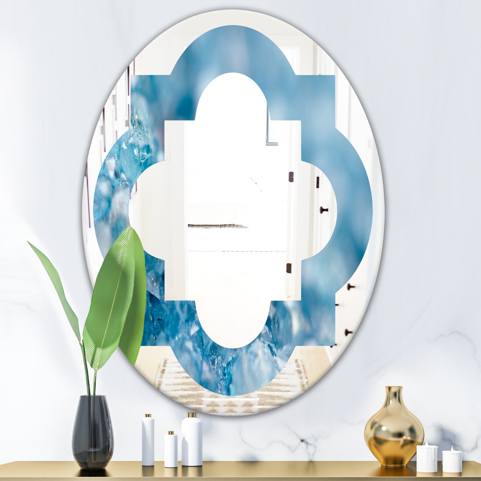 Blue crystals Agate - Modern Round or Oval Wall Mirror - Quatrefoil