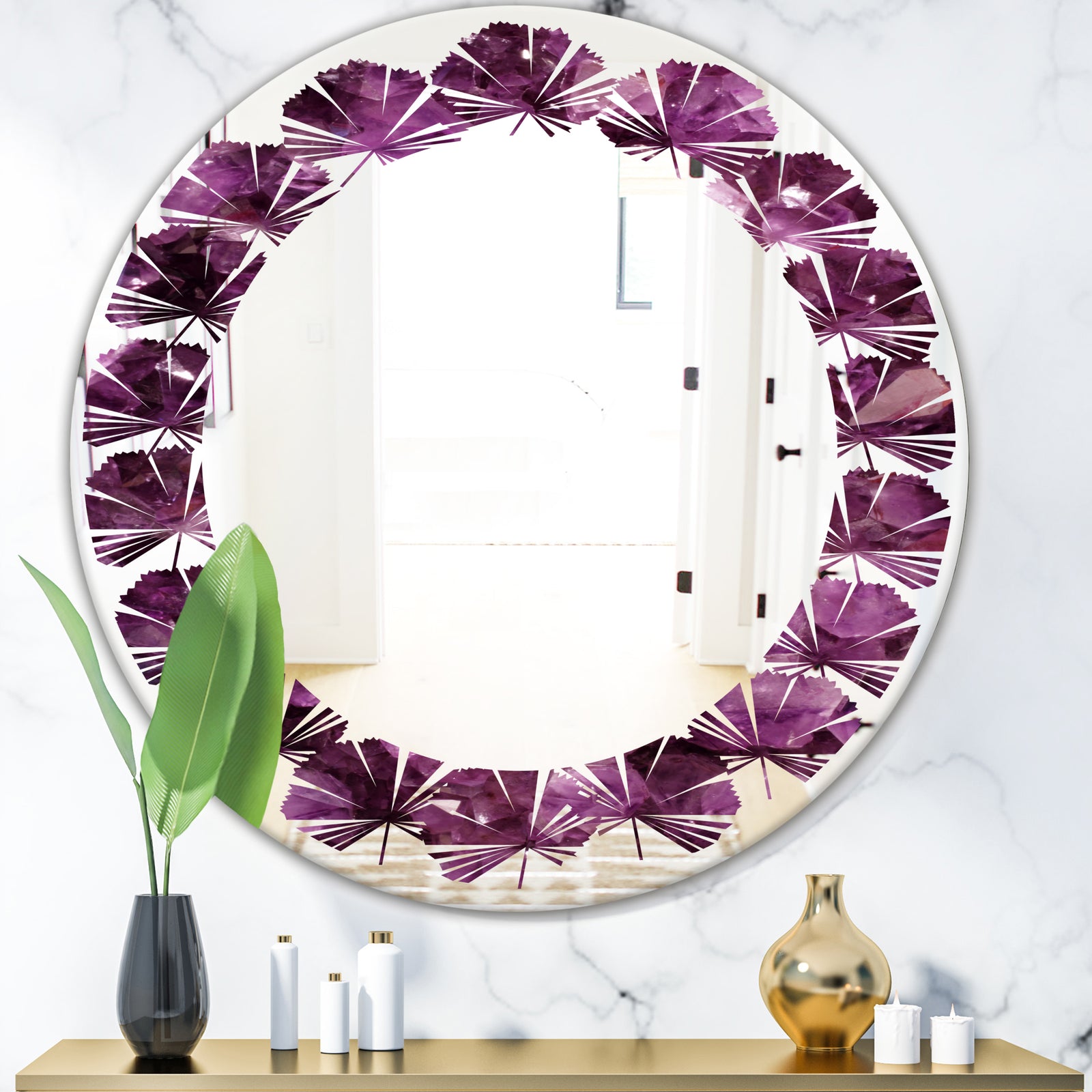 Purple Gems - Modern Round or Oval Wall Mirror - Leaves