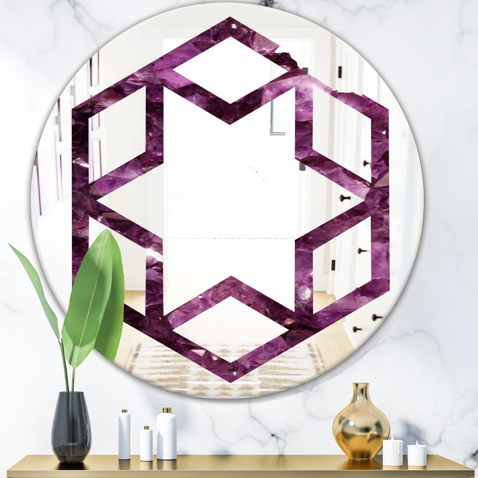 Purple Gems - Modern Round or Oval Wall Mirror - Hexagon Star